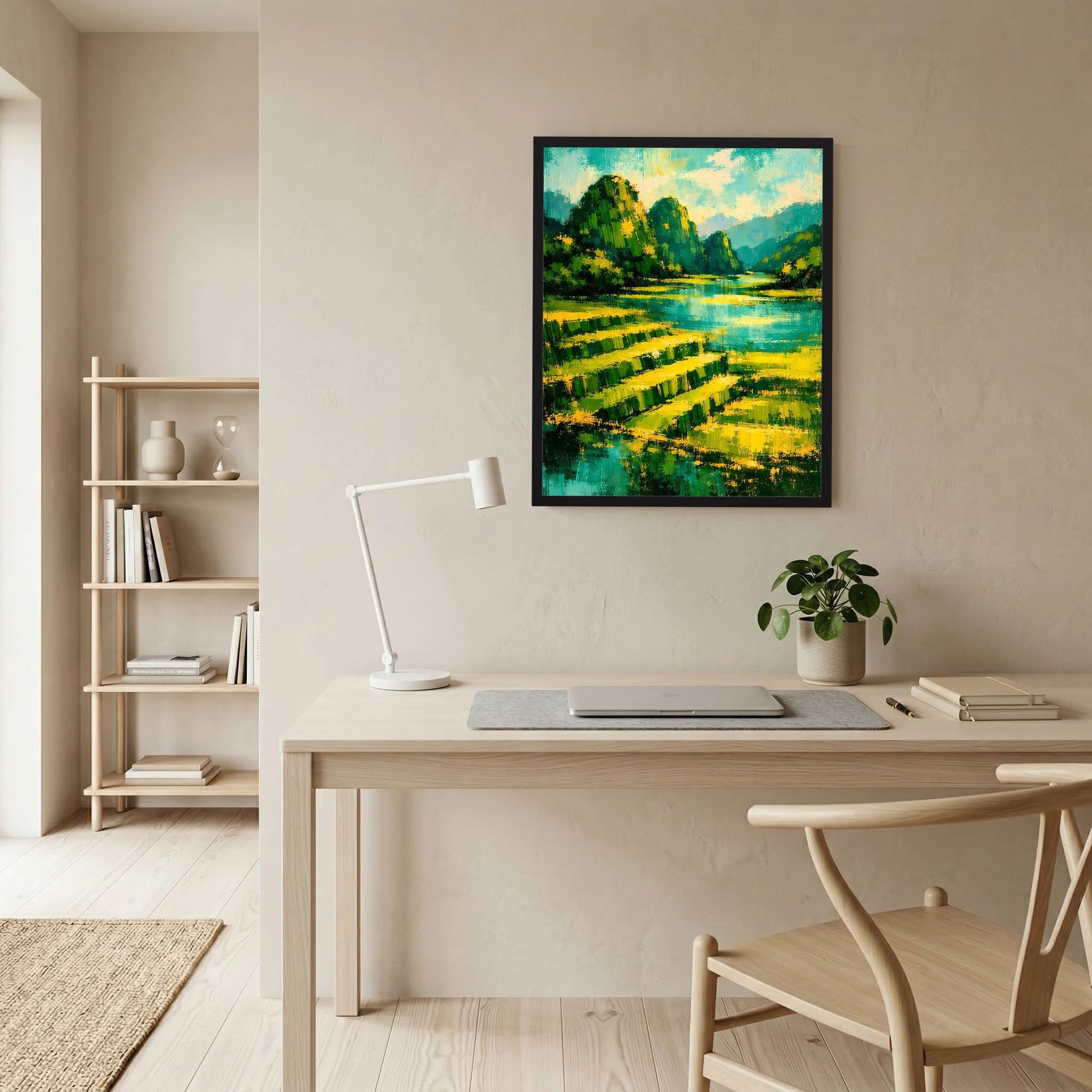 Gerahmtes Hochformat-Poster: abstrakte Berglandschaft mit grünen Terrassen und Wasser
