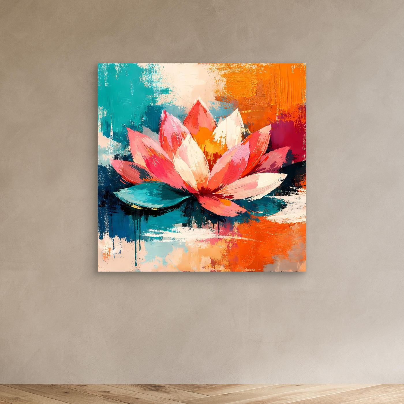 Abstract lotus canvas wall art with teal, orange, and pink petals over dark water