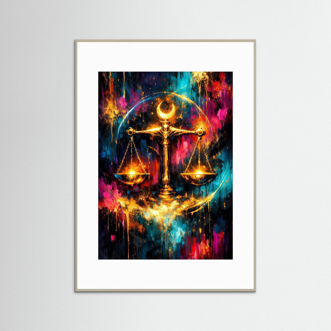 Waage-Poster im Neonsternzeichen mit goldener Waage, abstrakte Farben, heller Rahmen