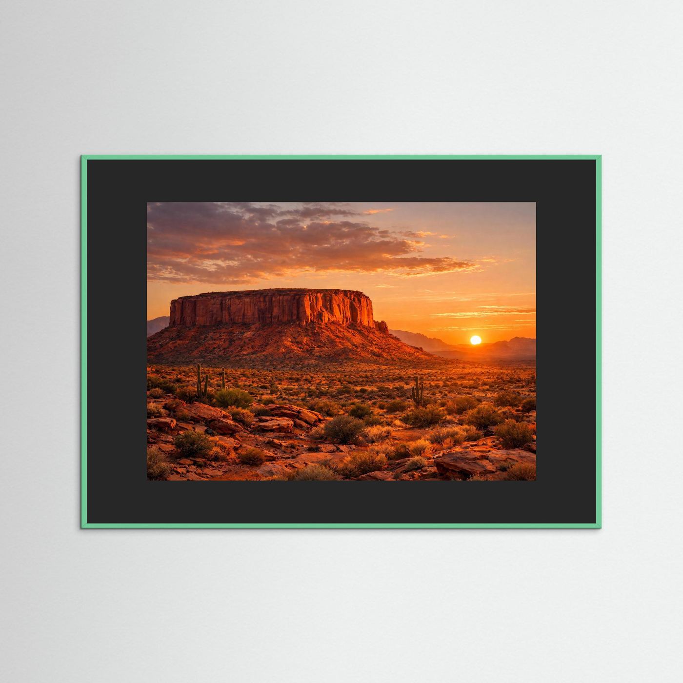 Wandbild mit Wüstenlandschaft im Sonnenuntergang und grünem Rahmen