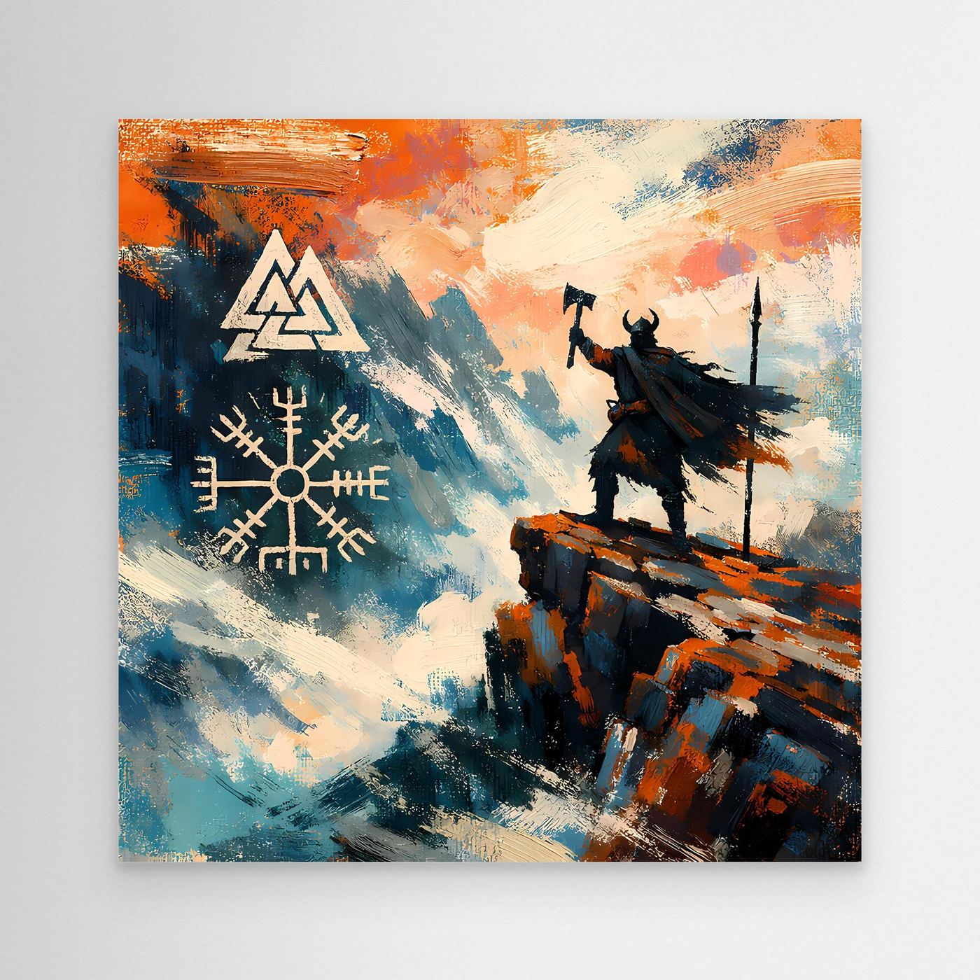Leinwand-Wandbild mit Wikingerfigur auf Felsen und Vegvisir-Symbol in Blau, Orange und Schwarz