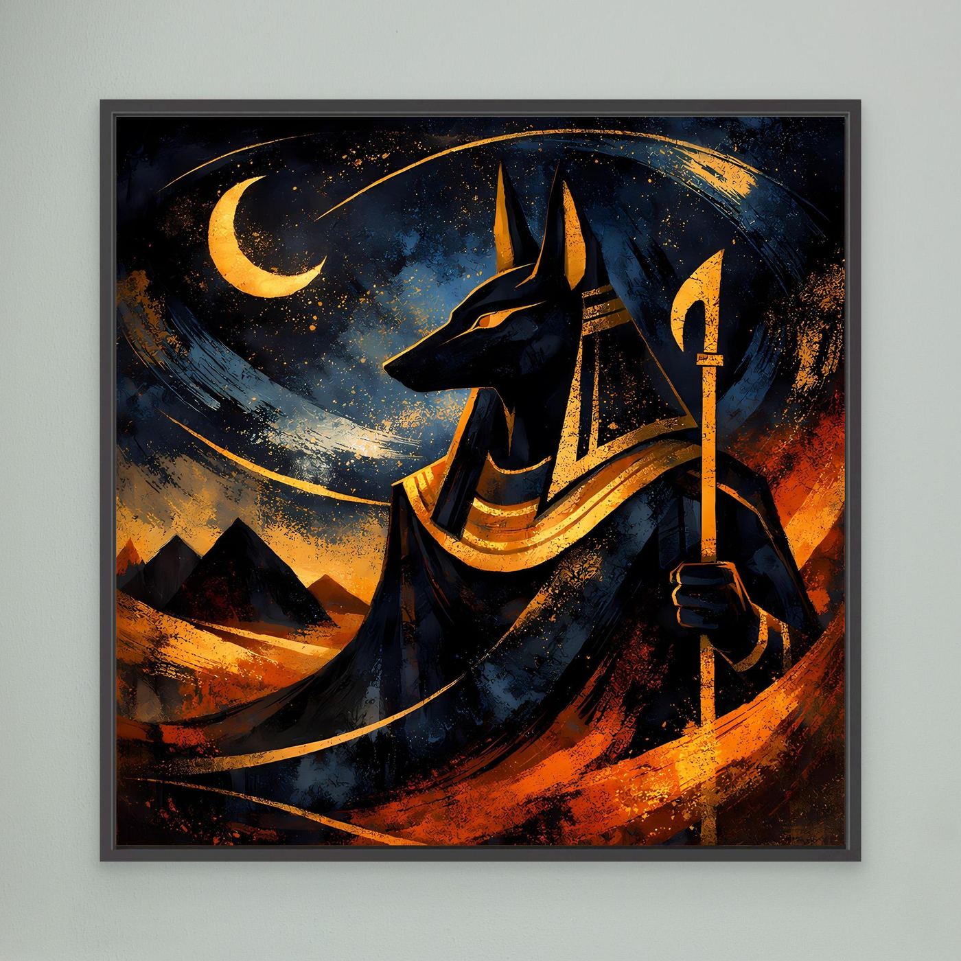 Leinwand-Wandbild mit schwarzem Rahmen: Anubis mit Fackel und Mondsymbol, abstrakte Farben