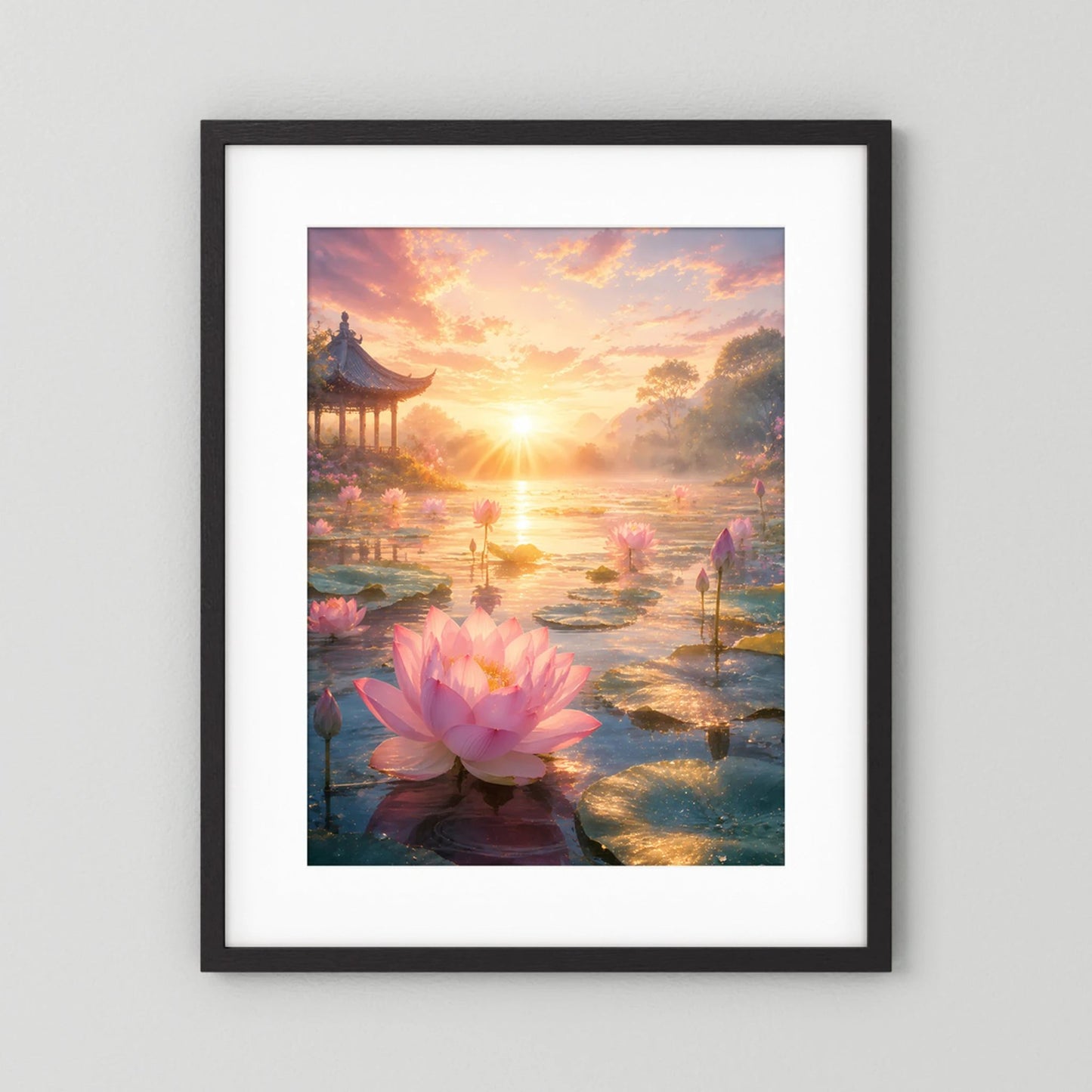 Poster im Hochformat mit rosa Lotusblüte am Teich, schwarzer Rahmen mit weißem Rand
