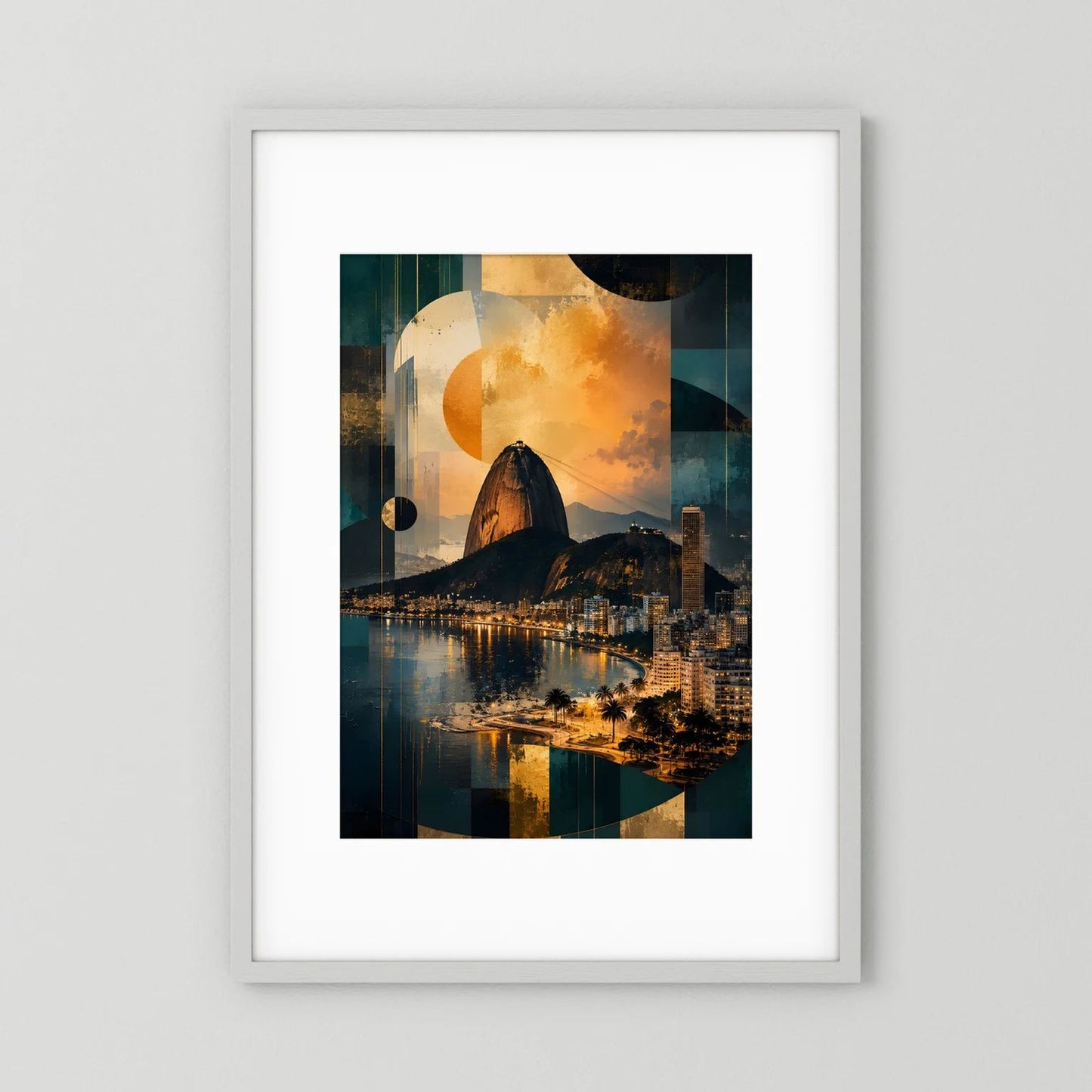 Hochformat-Poster im hellen Rahmen, abstrakte Skyline mit Zuckerhut in Petrol & Gold