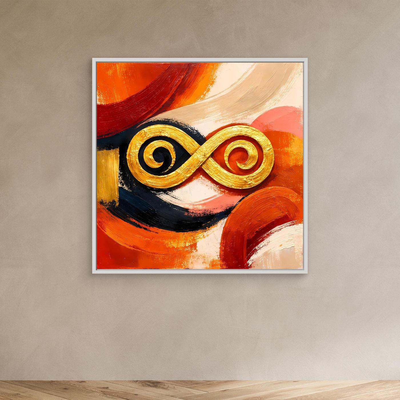 Abstraktes Leinwandbild mit goldener Unendlichkeits-Symbolik, orange-rot, schwarz und cremefarben