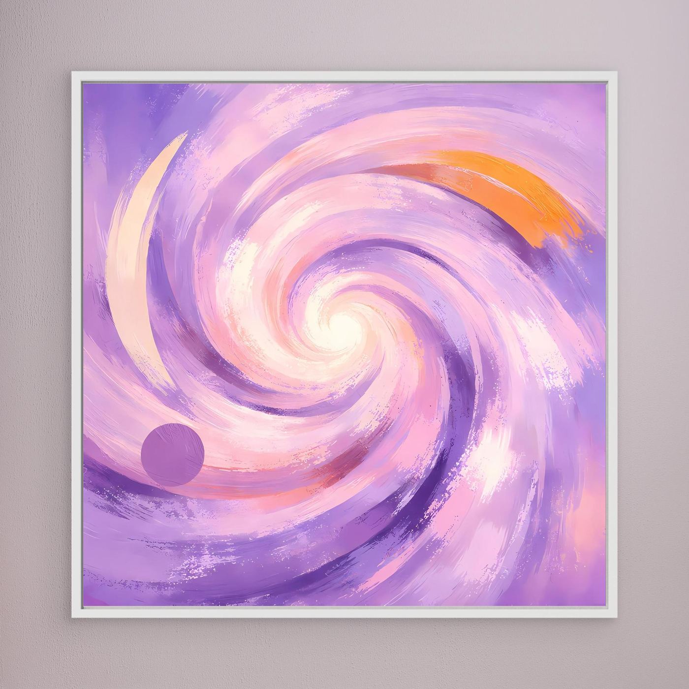 Leinwandbild mit abstraktem Pastell-Wirbel in Flieder und Rosa, weißer Rahmen