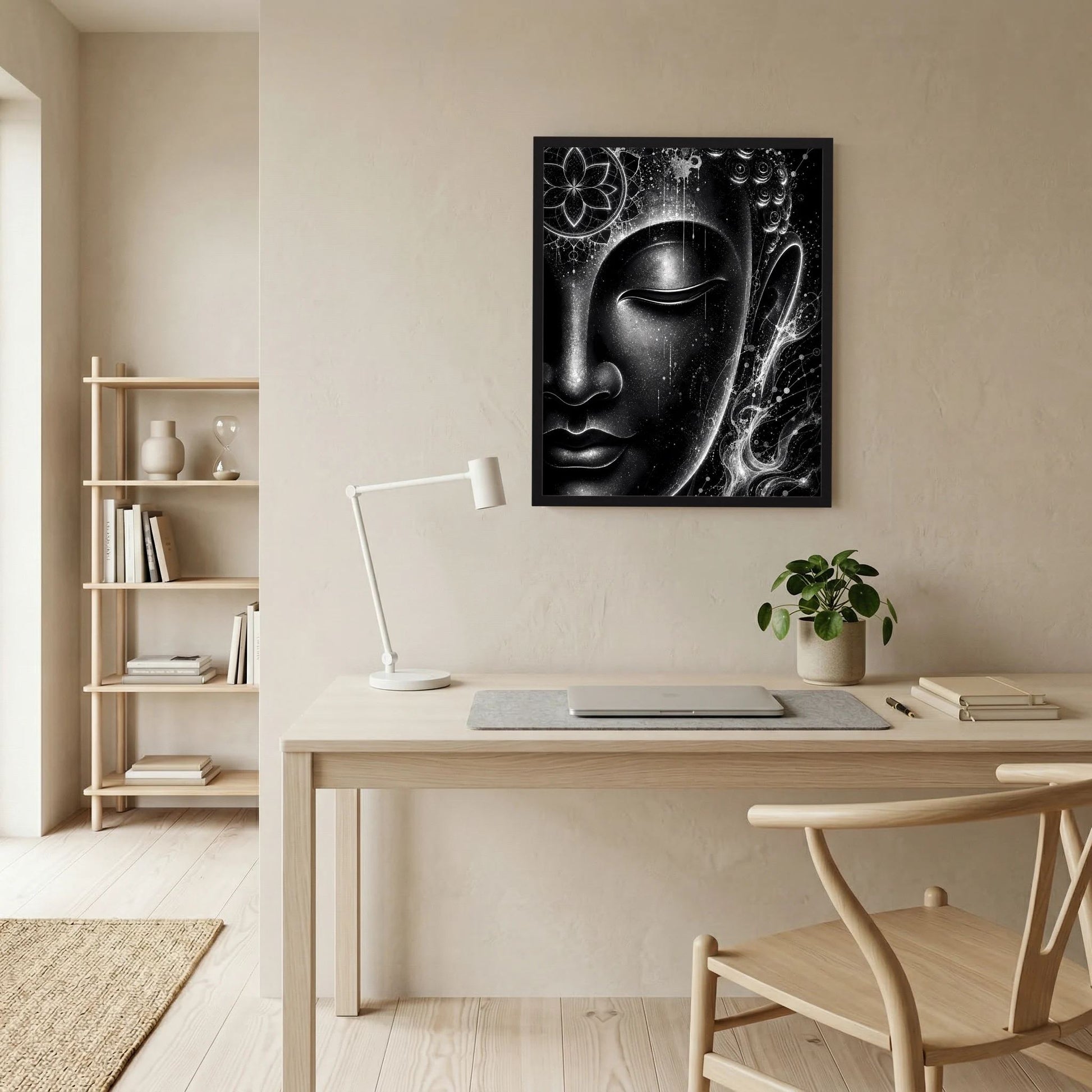 Schwarz gerahmtes Buddha-Poster im Hochformat, Buddha-Gesicht mit Mandala-Linien