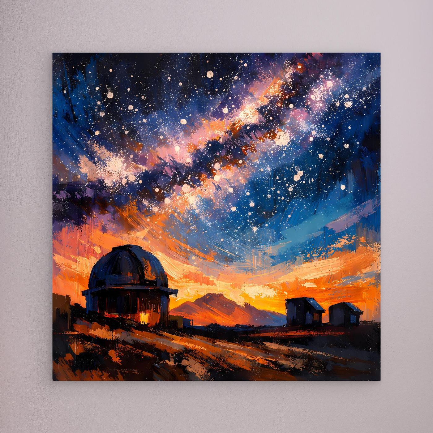 Wandbild: abstrakte Galaxie mit Sternen und Sternwarte mit Teleskop, ohne sichtbaren Rahmen