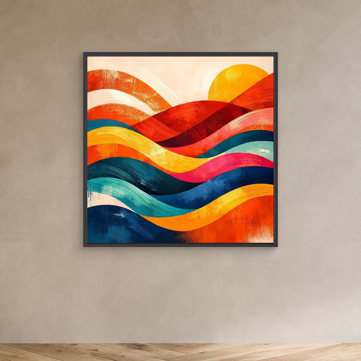 Abstraktes Wandbild mit bunten Wellen und Sonnenmotiv, schwarzer Rahmen