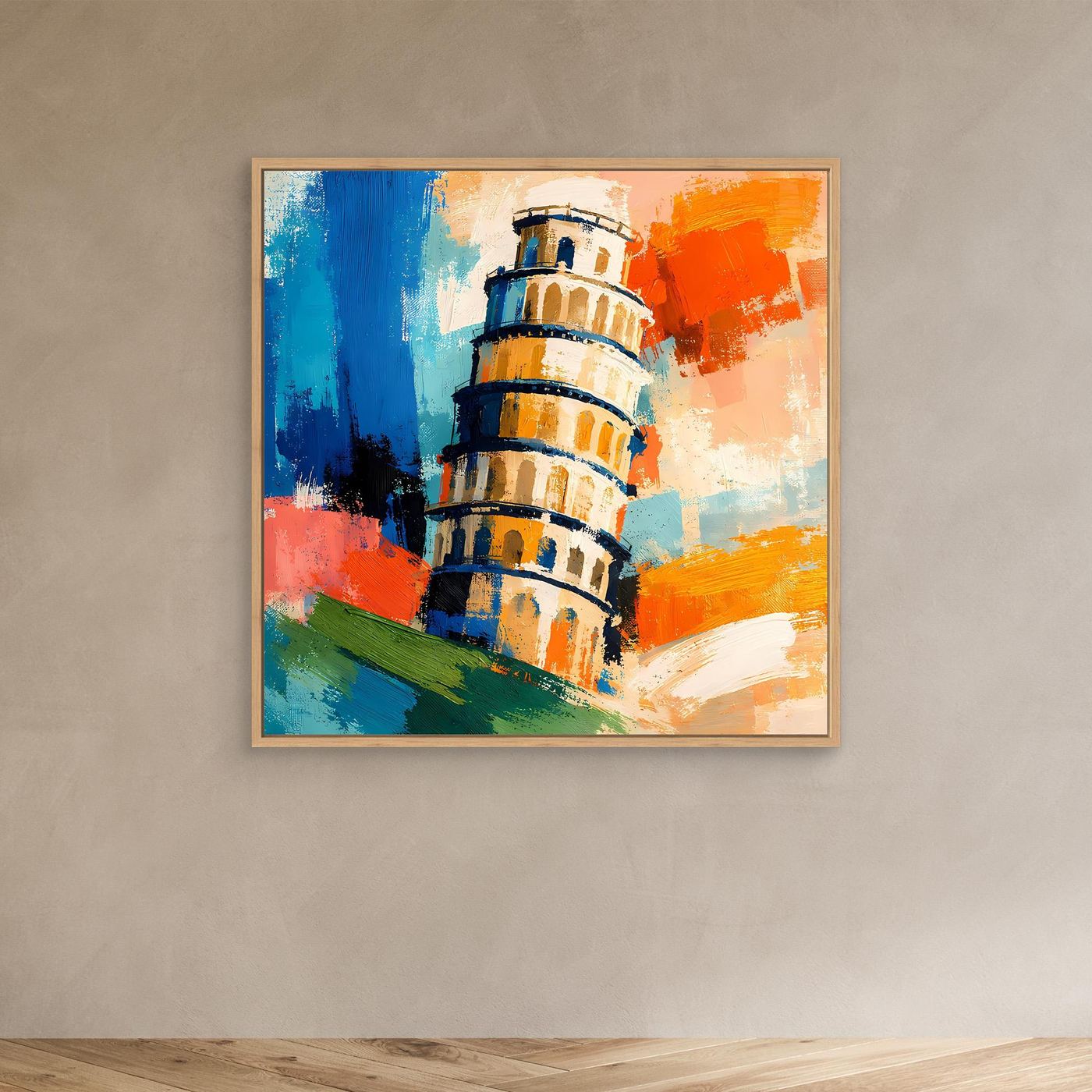 Abstract canvas wall art of Pisa tower with blue, orange, and green paint strokes in oak frame.