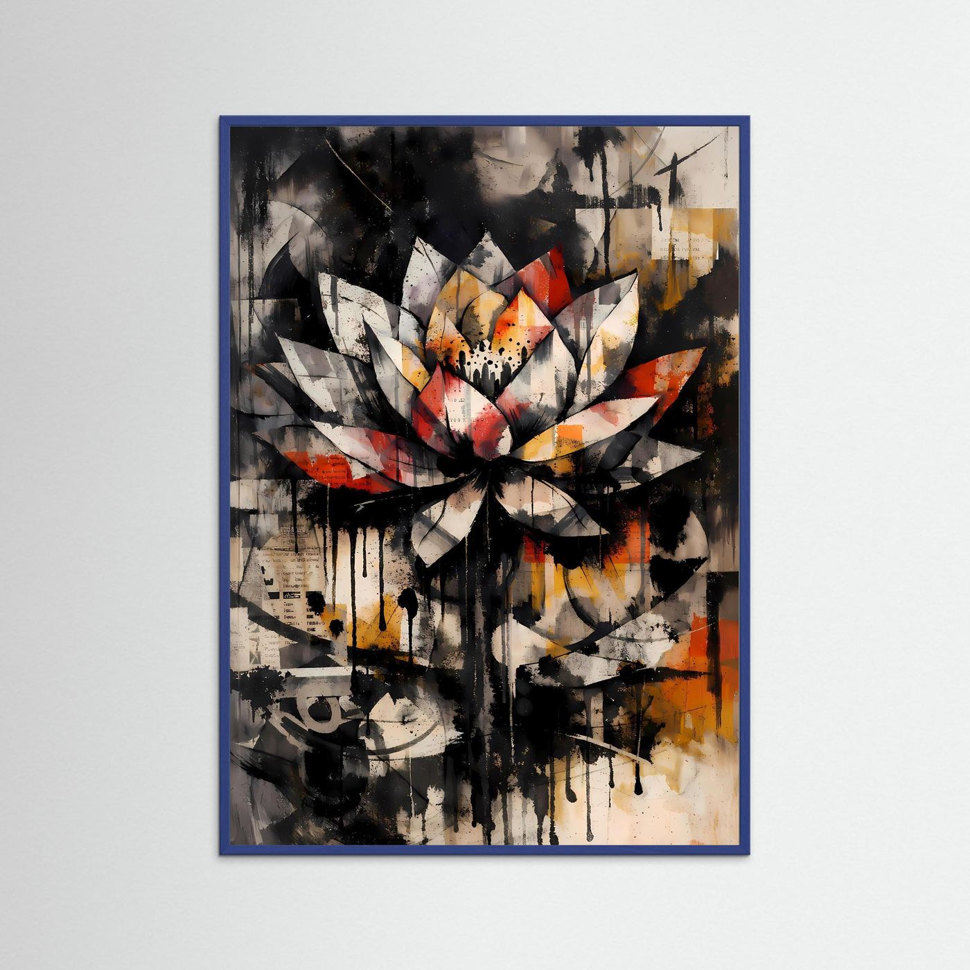 Die Kraft der Reinheit | Abstraktes Lotus Poster in Schwarz, Weiß & warmen Akzenten | Expressives Urban Art Kunstposter Hochformat
