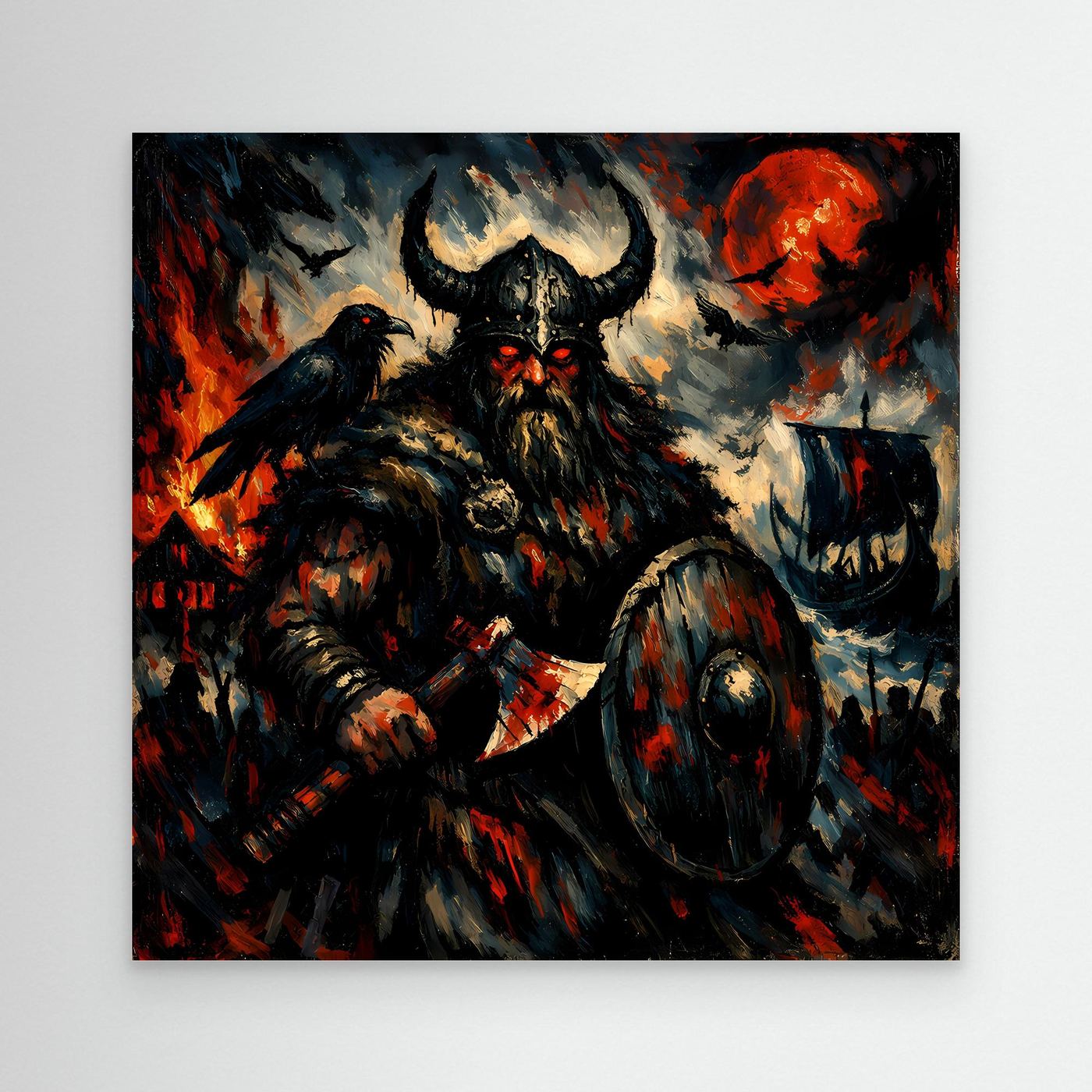 Leinwand Düsterer Wikinger-Krieger unter dem Blutmond | Expressives Nordmann Wandbild