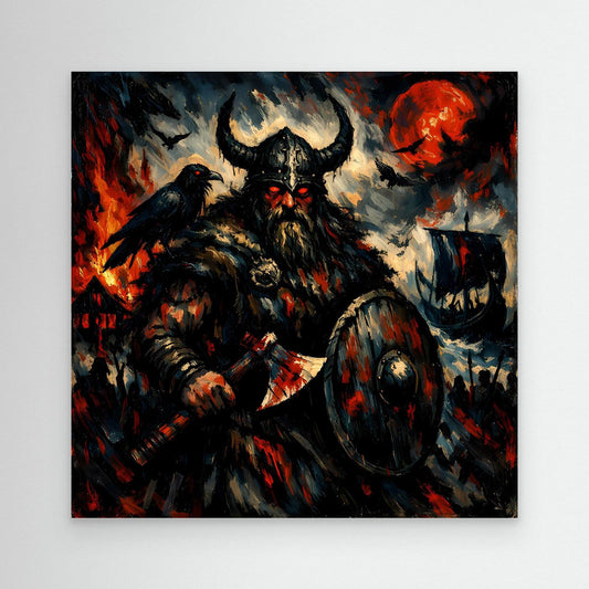 Wandbild aus Leinwand mit Wikingerkrieger, Rabe, Hörnerhelm und rotem Blutmond, ohne Rahmen