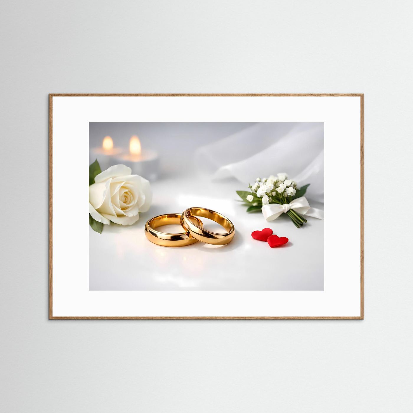 Gerahmtes Hochzeitsmotiv: goldene Eheringe und weiße Rose, Brautstrauß, Kerze und rote Herzen