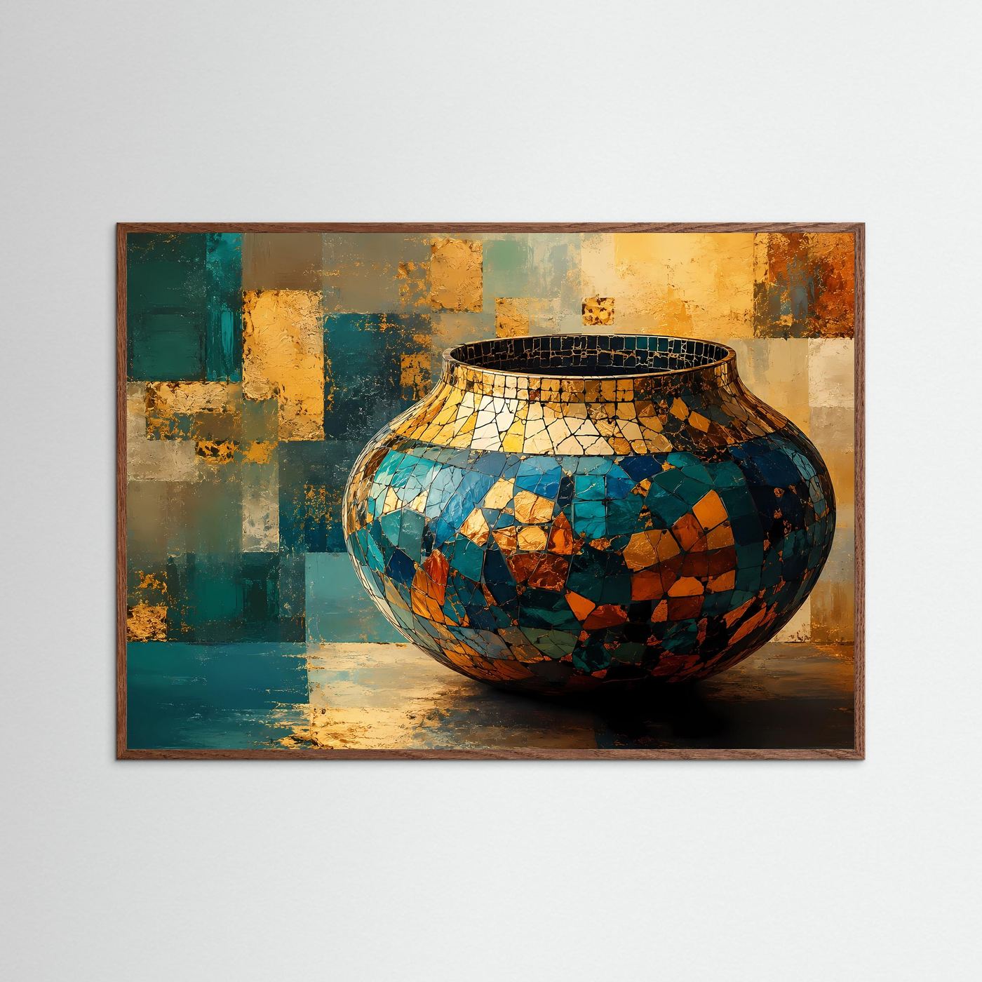Mosaik Vase Poster | Abstrakte Keramik Kunst | Gold Blau Wandbild | Moderne Stillleben Wall Art