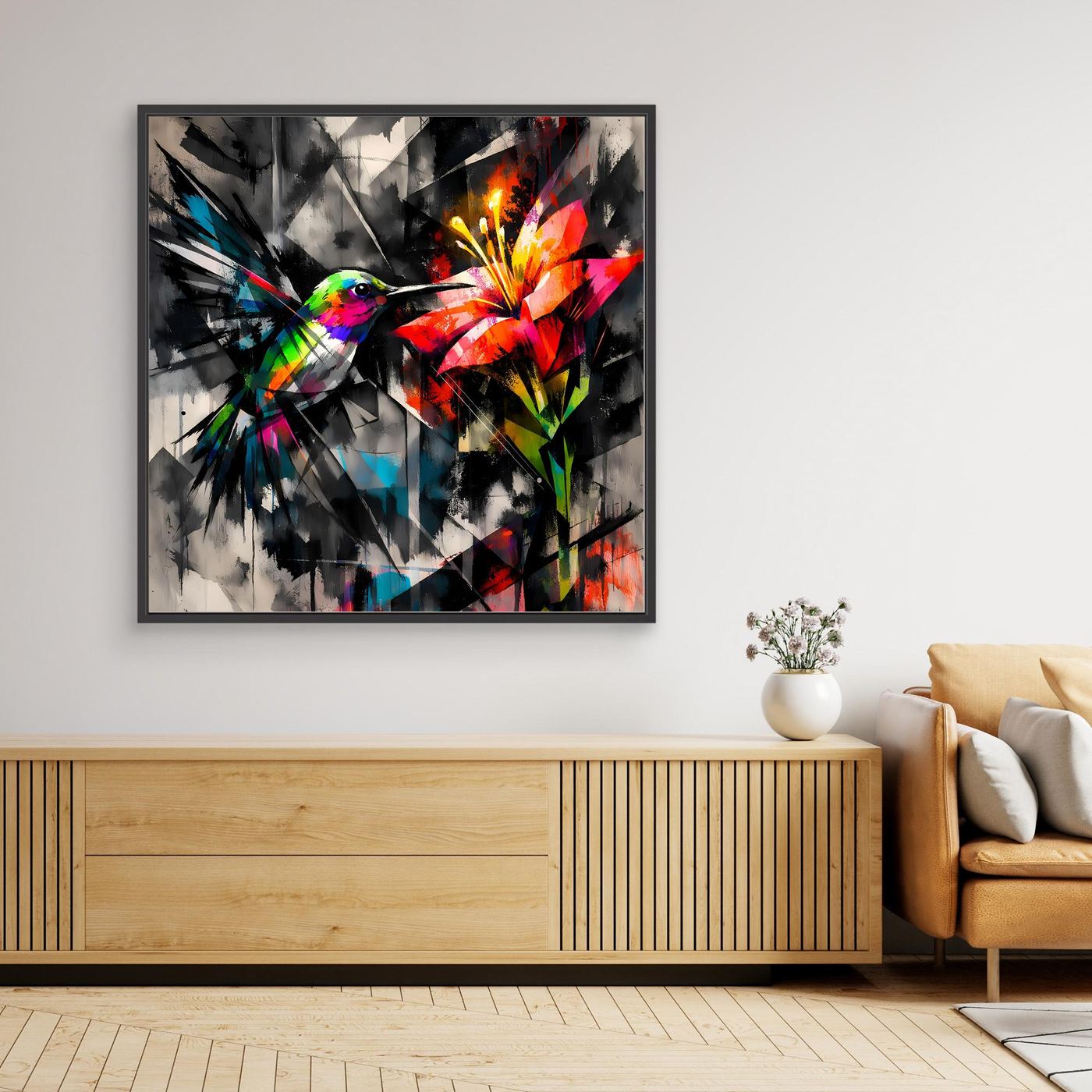 Leinwandbild Farbintensiver Kolibri | Abstraktes Geometrisches Wandbild auf Keilrahmen