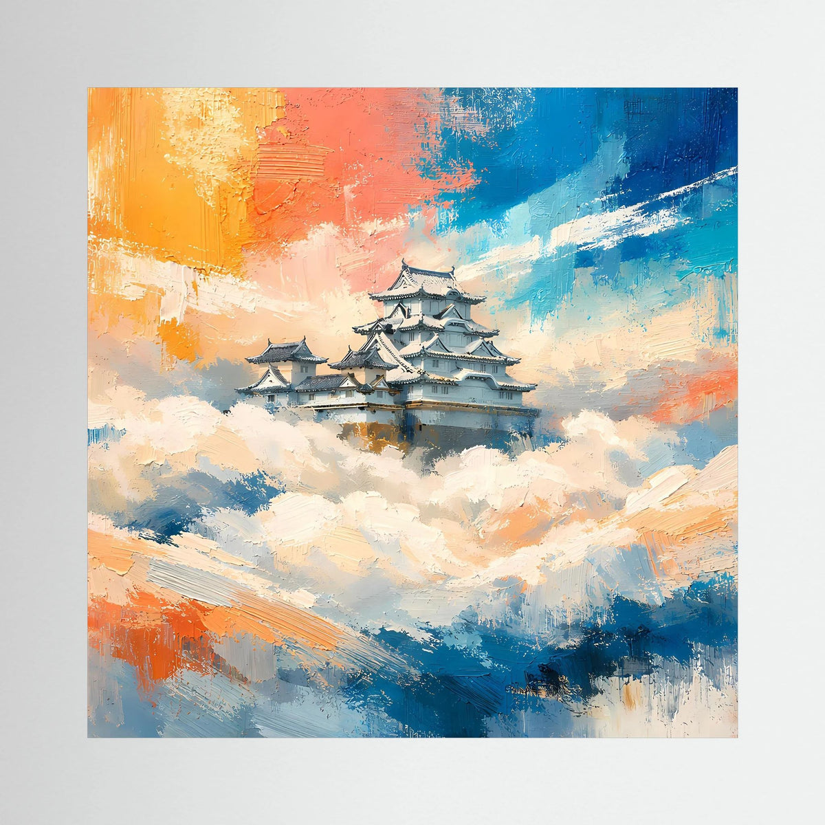 Rechteckiges Leinwandbild: japanische Burg über Wolken mit orange-blauen Farbflächen.