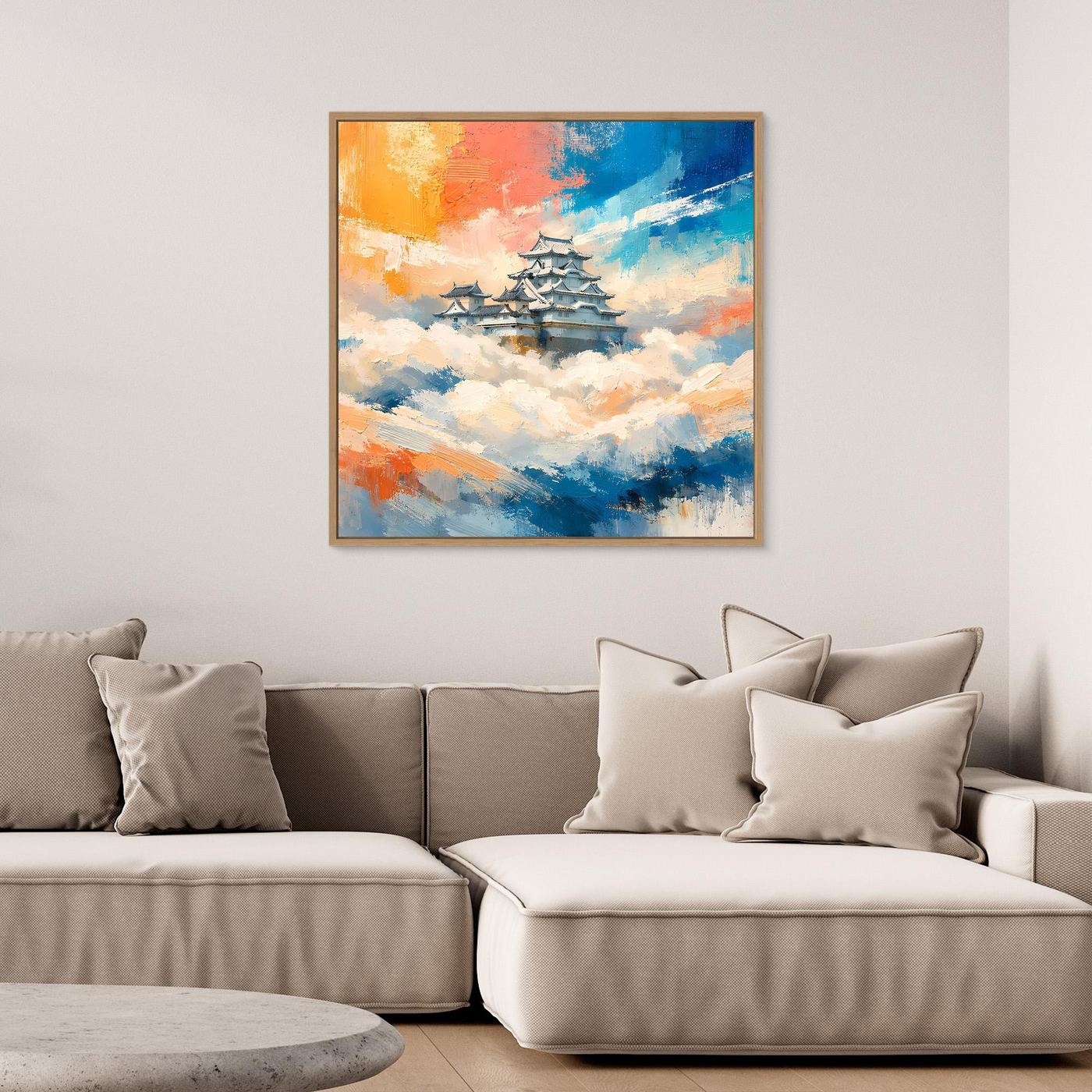 Leinwand Traditionelle Japanische Burg über den Wolken | Fernöstliches Wandbild auf echter Leinwand