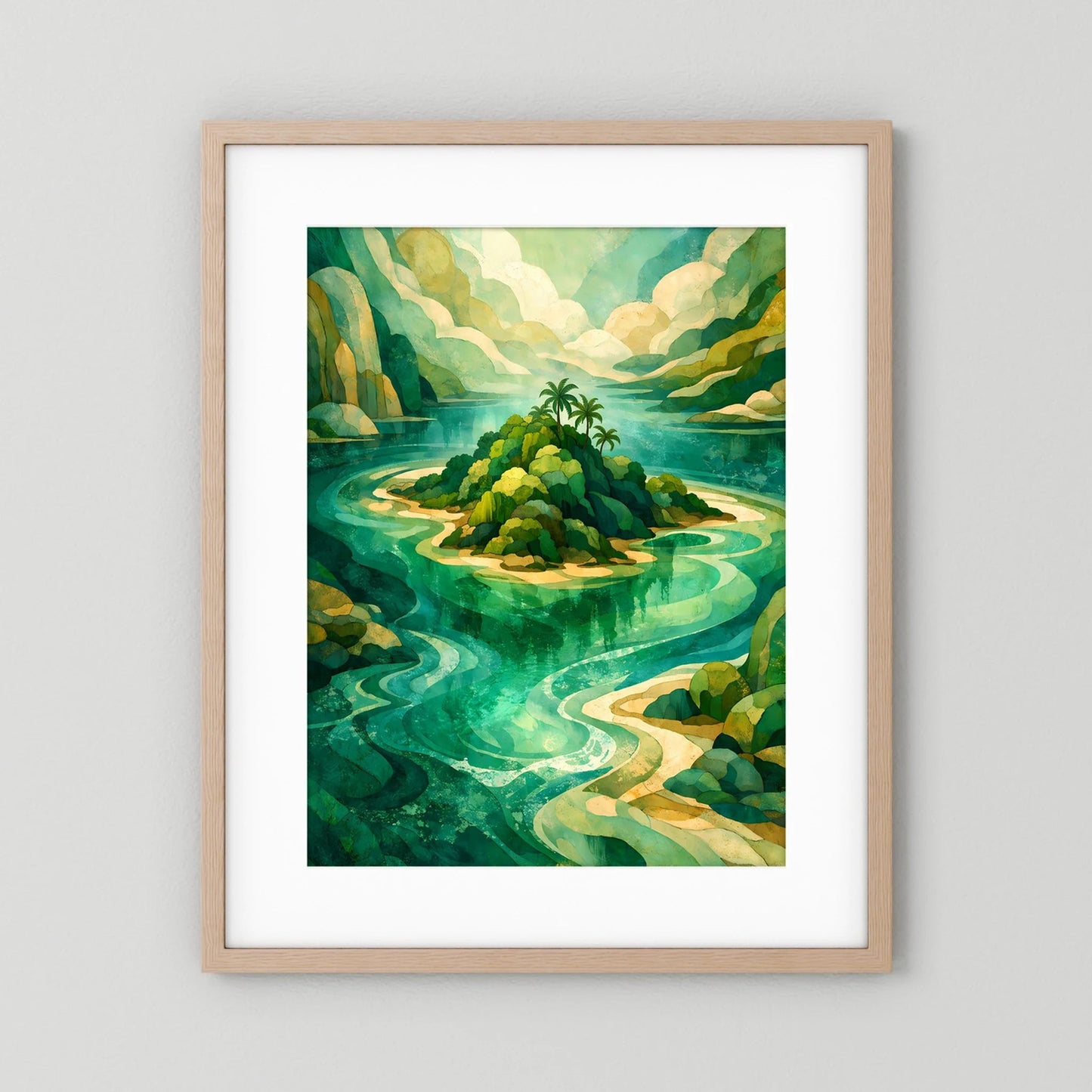 Poster mit abstrakter Insel in Türkis und Grün, heller Holzrahmen mit weißem Rand