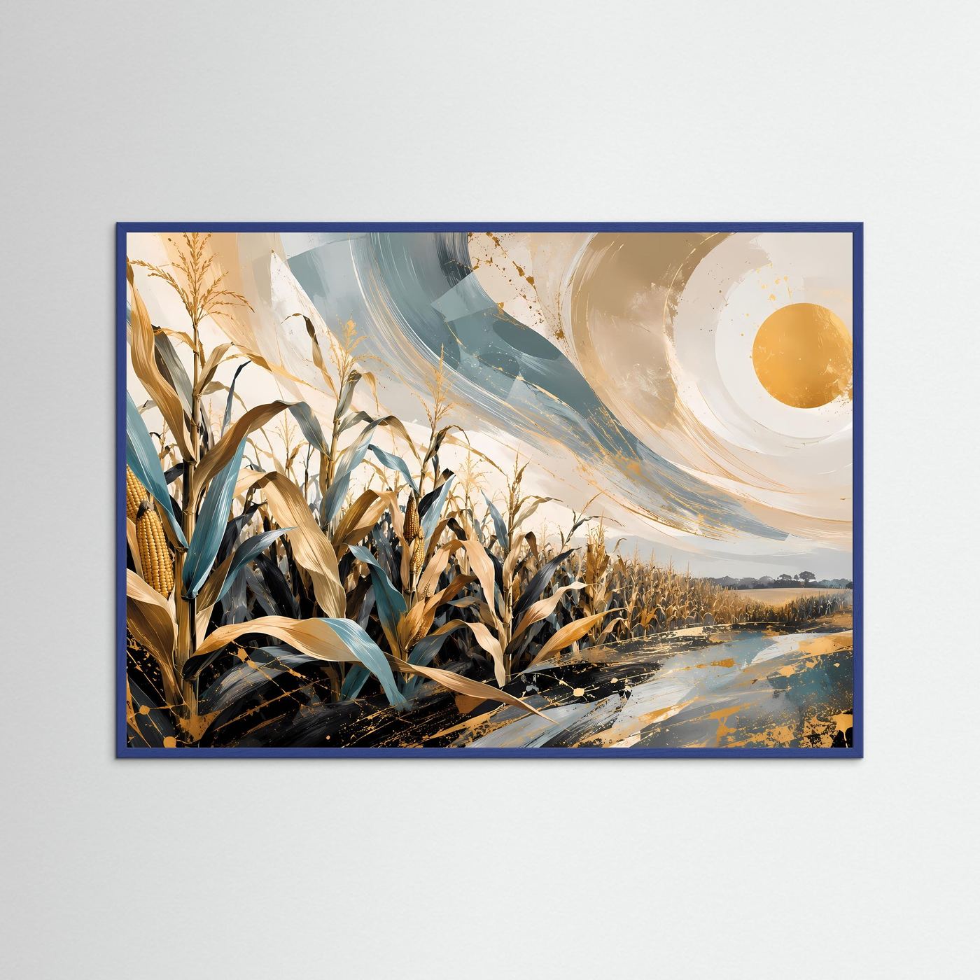 Maisfeld Poster | Abstrakte Landschaft Wandbild | Gold Blau Naturkunst | Modernes Feld Panorama | Eleganter Kunstdruck
