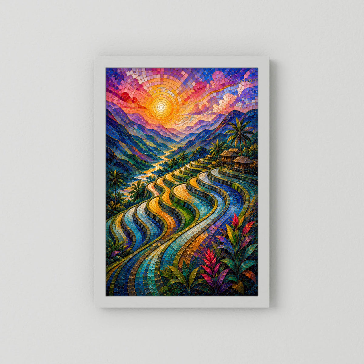 Reisterrassen im Sonnenuntergang | Farbenfrohe Mosaik Landschaft | Poster Hochformat