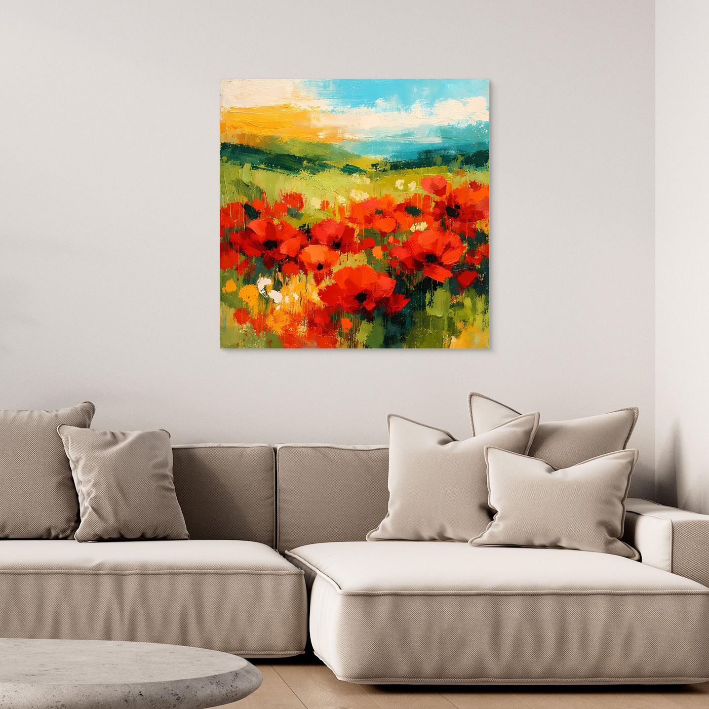 Poppy field canvas wall art, square floral landscape with red blossoms, no visible frame