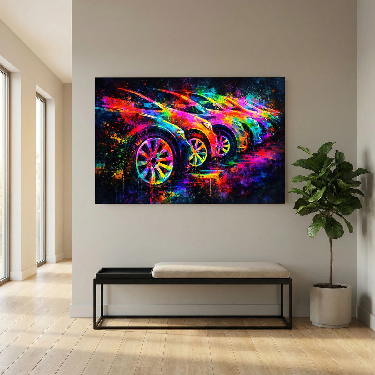 Wandbild mit bunten Sportwagen und leuchtenden Felgen, querformatig im Flur