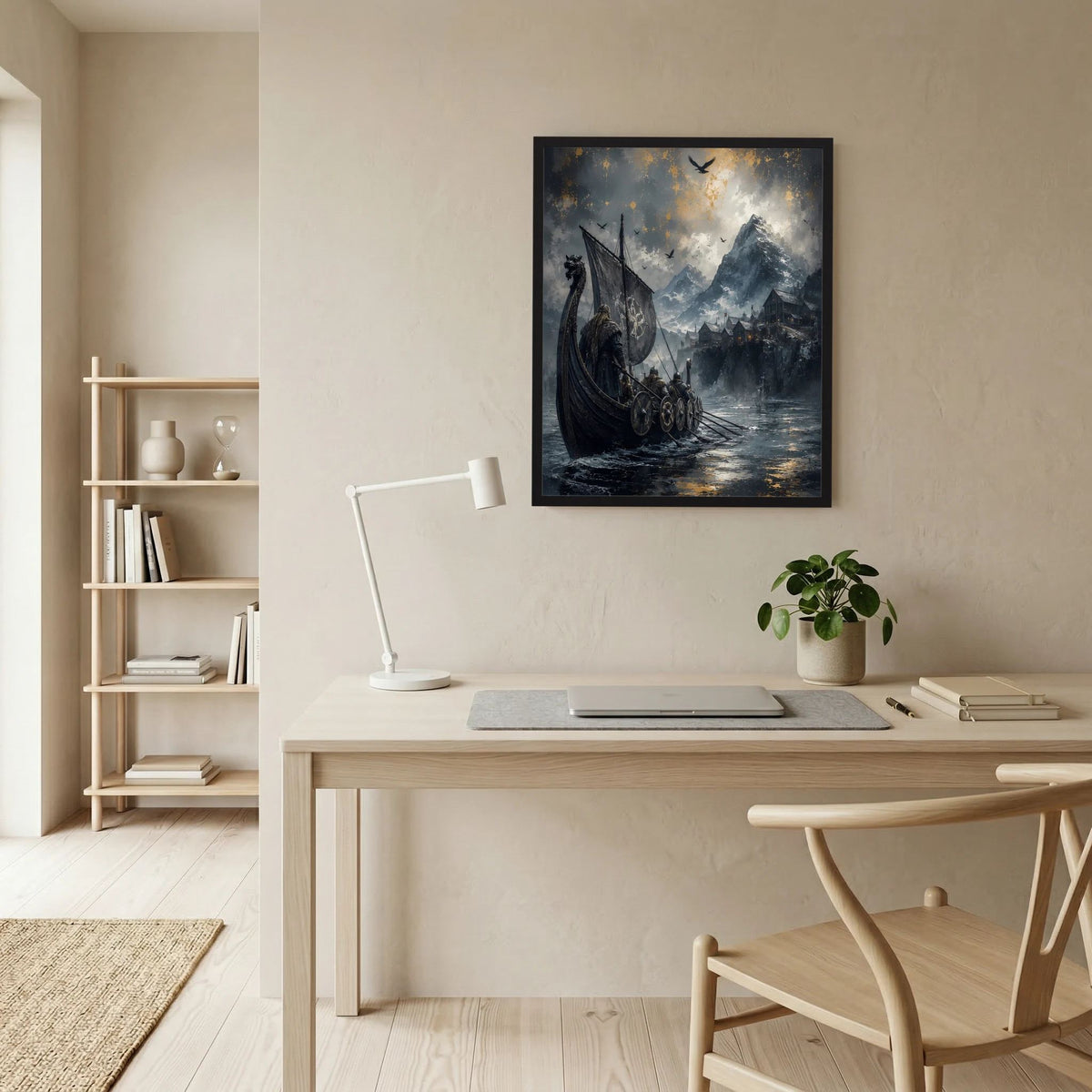 Wandposter mit Wikingerboot auf Drachenboot vor Berglandschaft über Schreibtisch