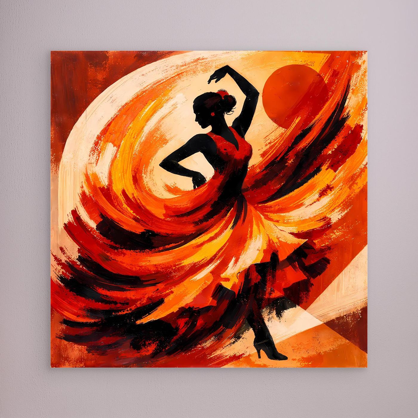 Leinwandbild mit abstrakter Flamencotänzerin in Rot-Orange und schwarzer Silhouette