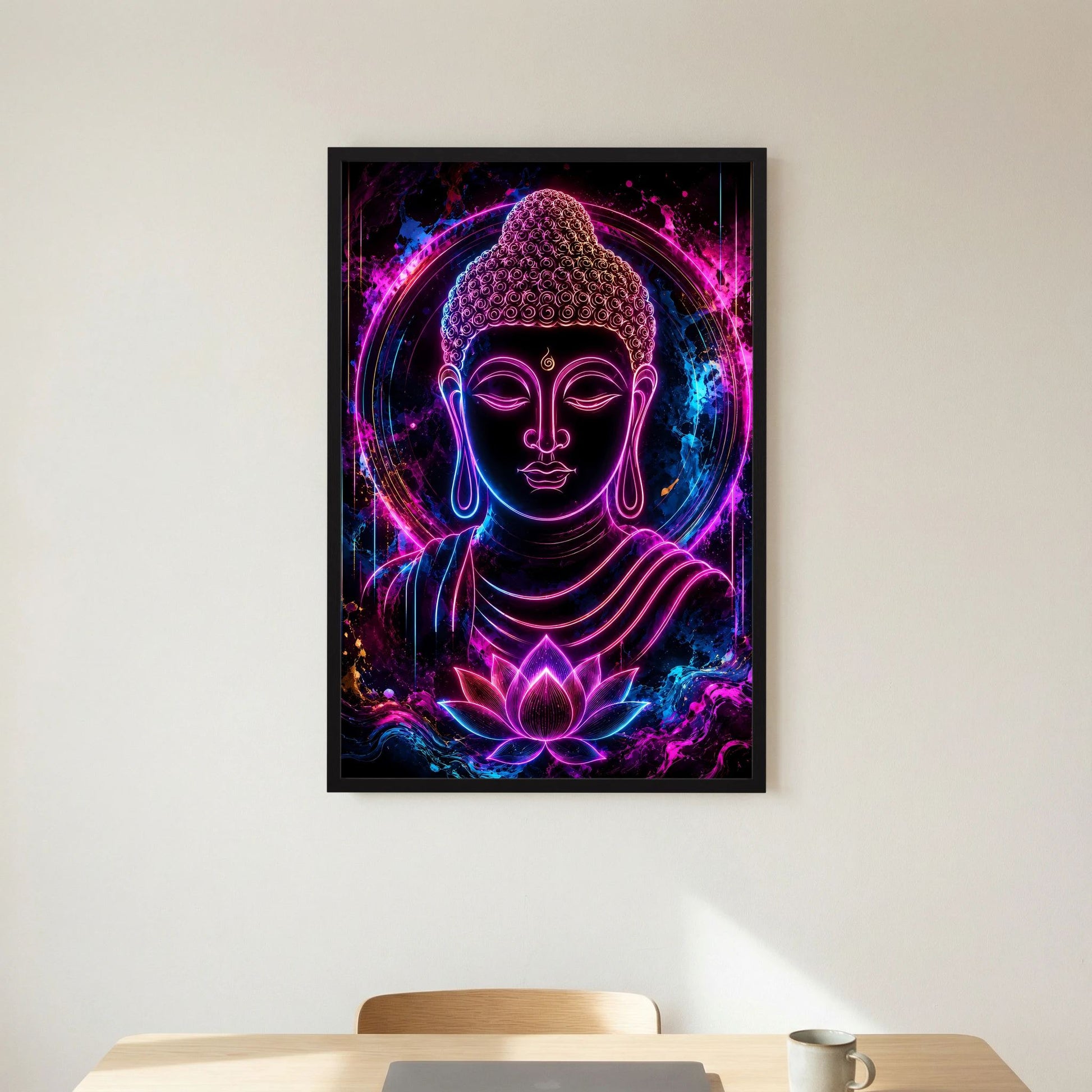 Neon-Buddha-Kunstwerk im schwarzen Rahmen, Buddha und Lotus in Pink-Blau Neon