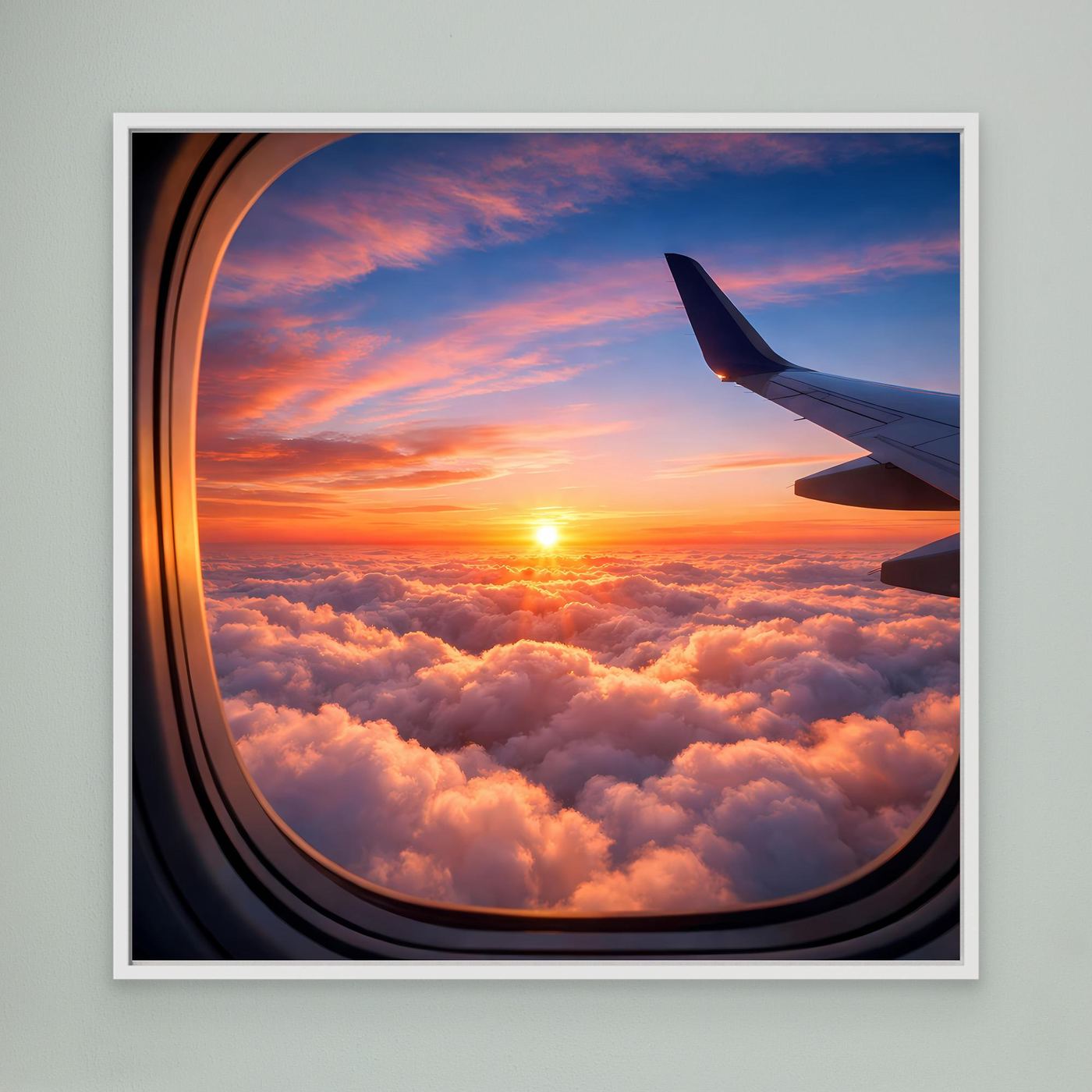 Leinwandbild mit Flugzeugfensterblick und Sonnenuntergang über Wolken, weißer Rahmen