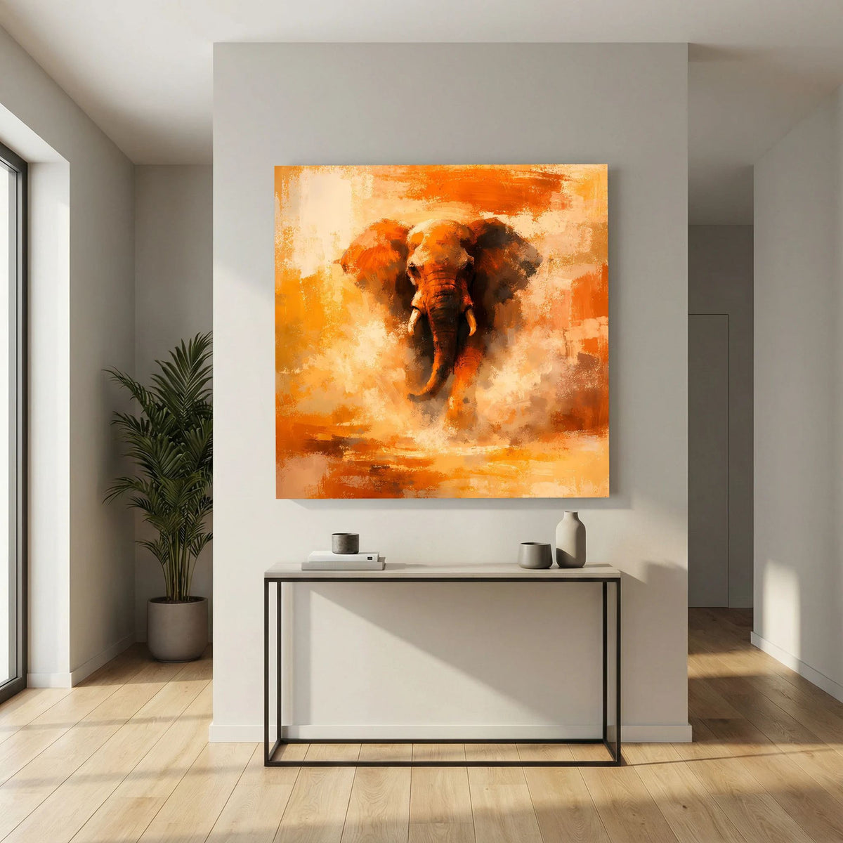 Leinwand Abstraktes Elefanten Gemälde | Modernes Kraftvolles Tier Wandbild Orange Ocker