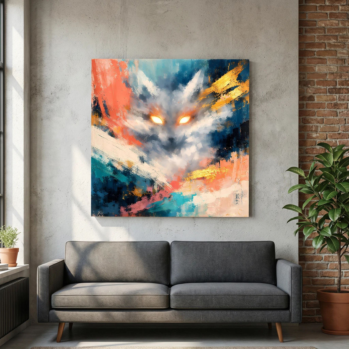 Quadratisches Leinwandbild mit abstraktem Fuchs und leuchtenden Augen, Blau-Orange-Farbmix