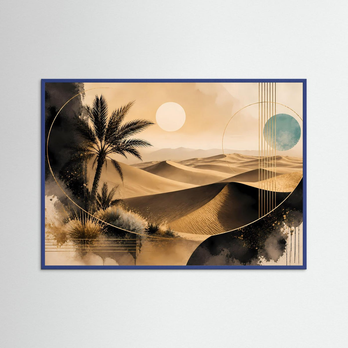 Poster im blauen Holzrahmen: goldene Wüstenlandschaft mit Palme, abstrakter Sonne und Linien