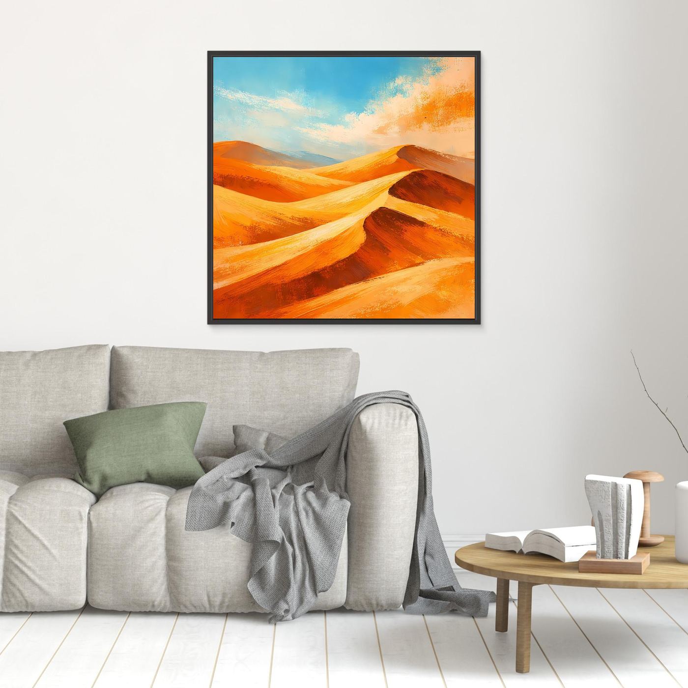Desert landscape abstract wall art with orange sand dunes and blue sky, dark frame border