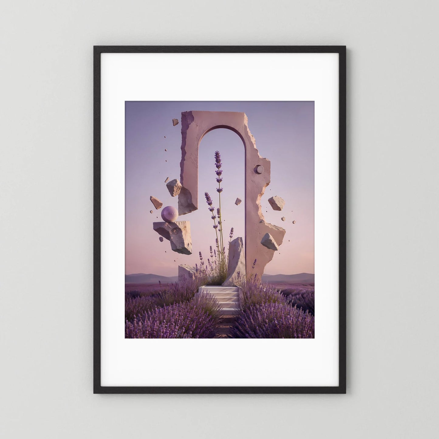 Hochformat-Poster mit Lavendelmeer, Treppenweg und Steinportal, schwarzer Rahmen mit weißem Rand