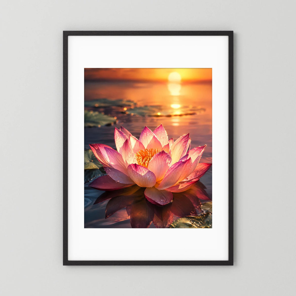 Poster im Hochformat mit rosa Lotusblüte im Sonnenuntergang, schwarzer Rahmen