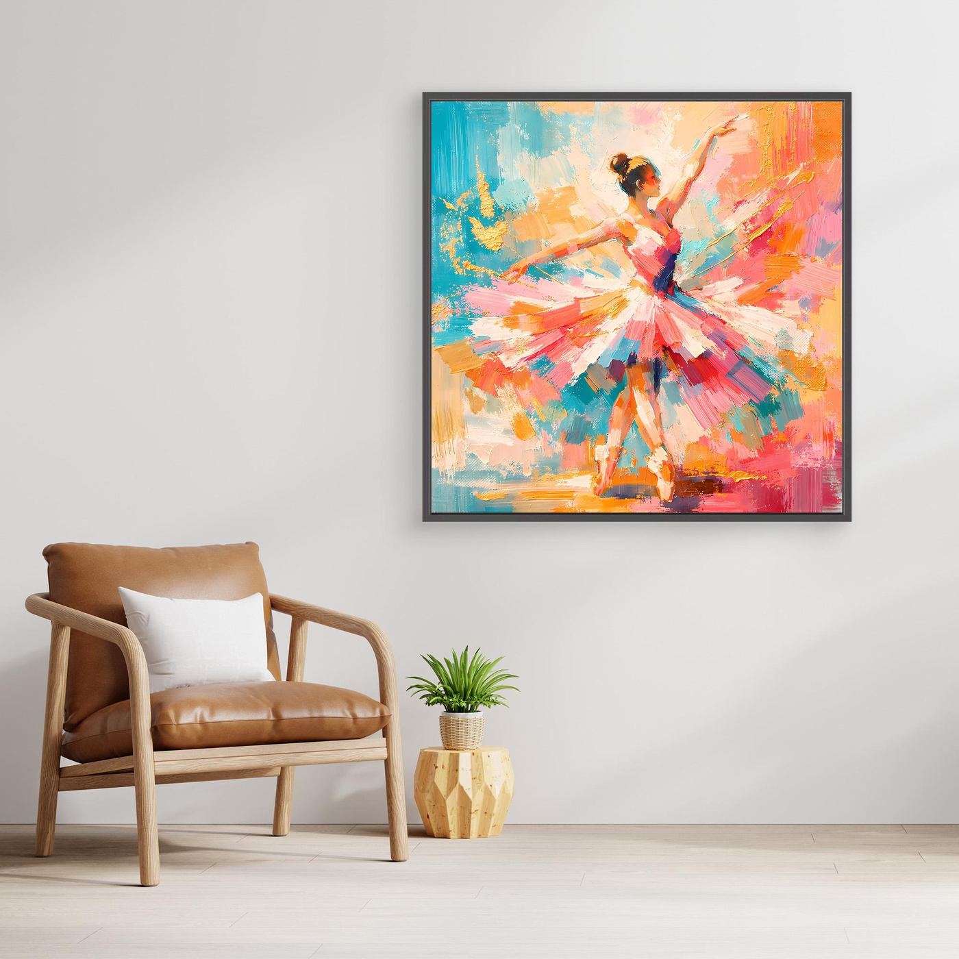 Abstraktes Leinwandbild mit Ballerina in bunten Pinselstrichen, dunkler Rahmen