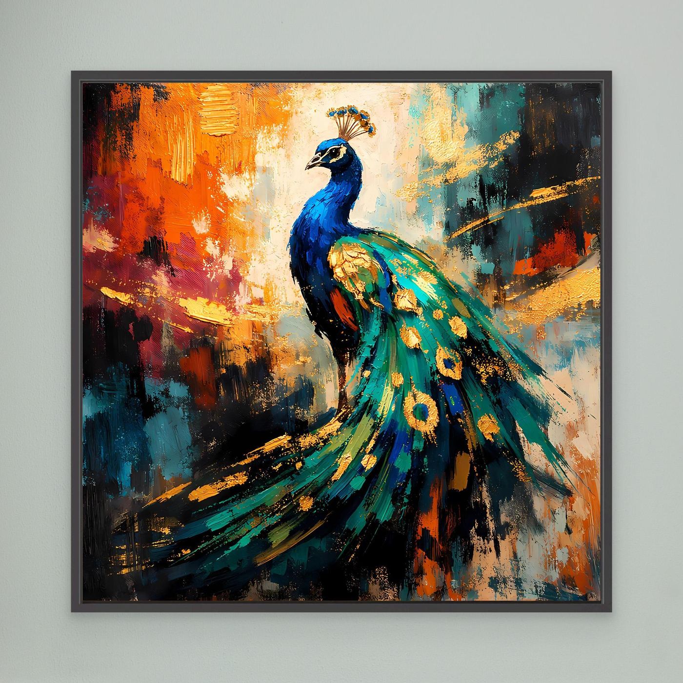 Leinwandbild mit leuchtendem Pfau-Motiv, schwarzer Rahmen