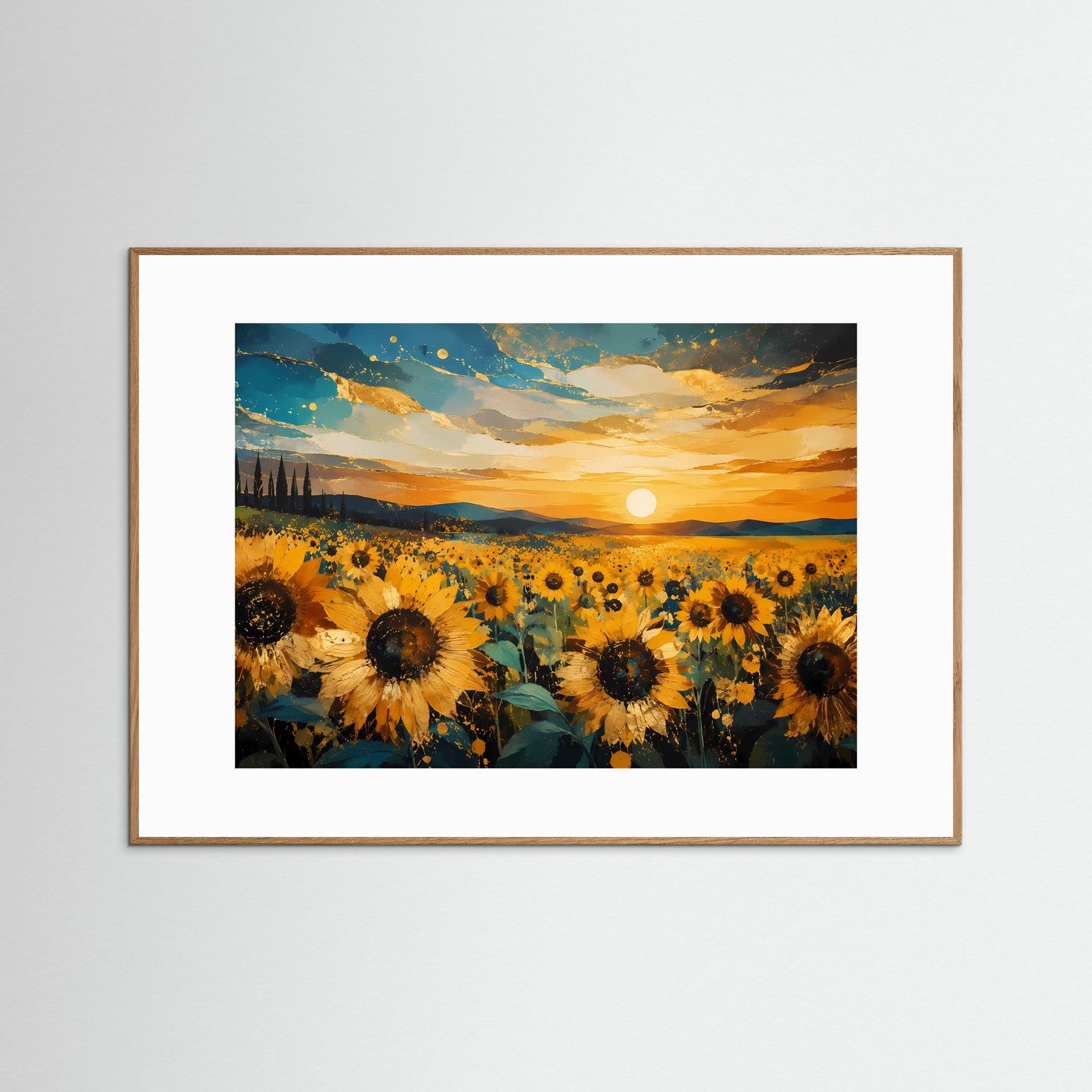 Goldener Sonnenuntergang im Sonnenblumenfeld | Panoramabild & Natur-Poster Querformat