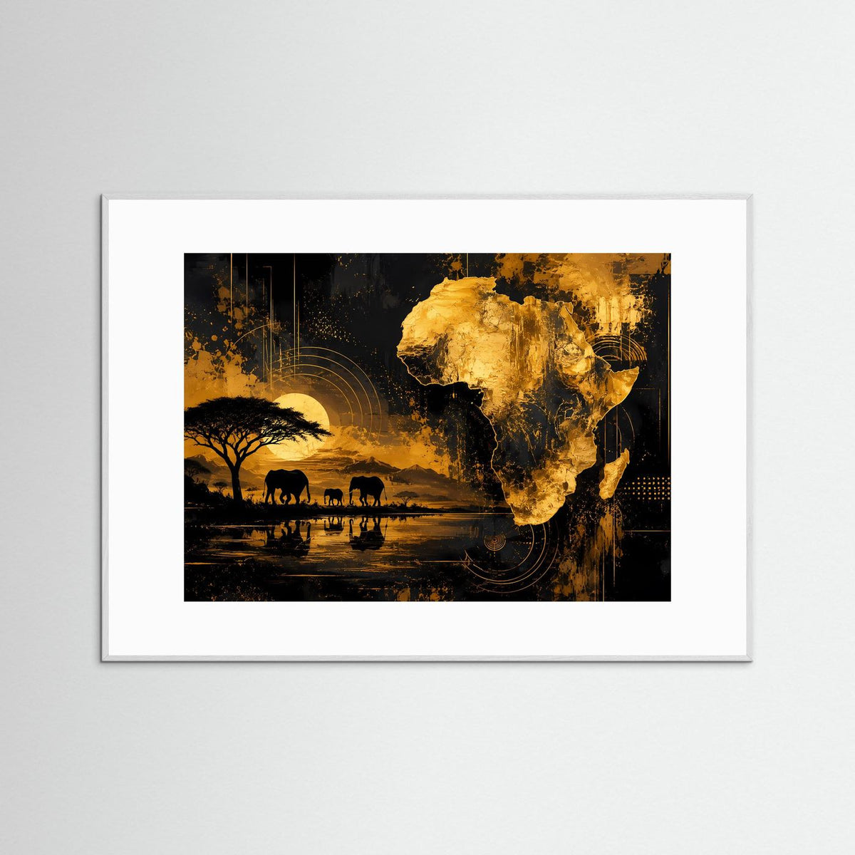 Poster im Querformat mit goldener Afrika-Karte und Elefantenmotiv, hell gerahmt