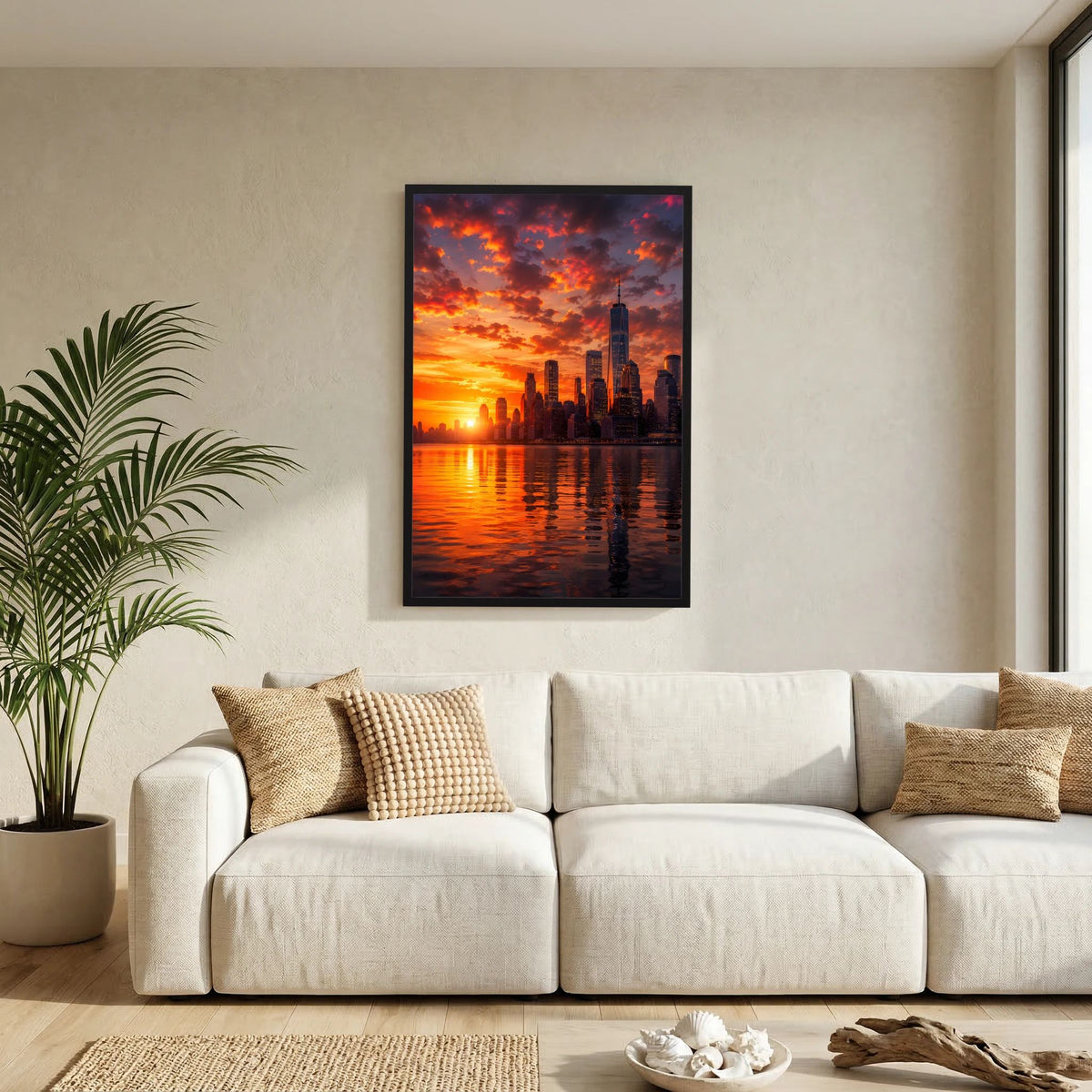 Stadtposter mit Skyline bei Sonnenuntergang, schwarzer Rahmen über Sofa
