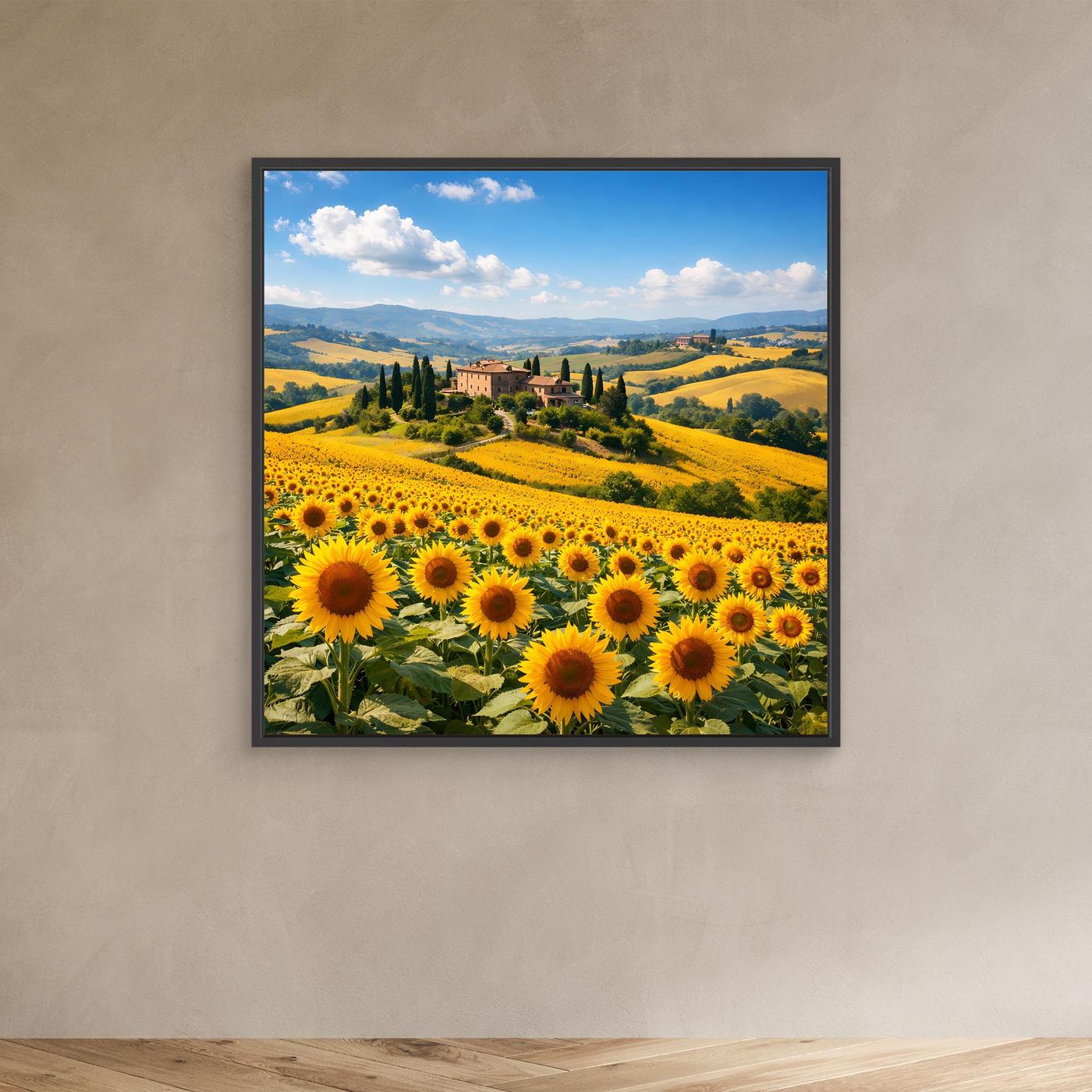 Leinwandbild Sonnenblumenfeld in Toskana-Landschaft, mit dunklem Rahmen