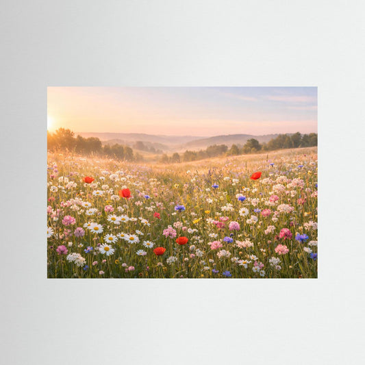 Naturposter mit Blumenwiese, bunte Blüten, Querformat, schwarzer Rahmen