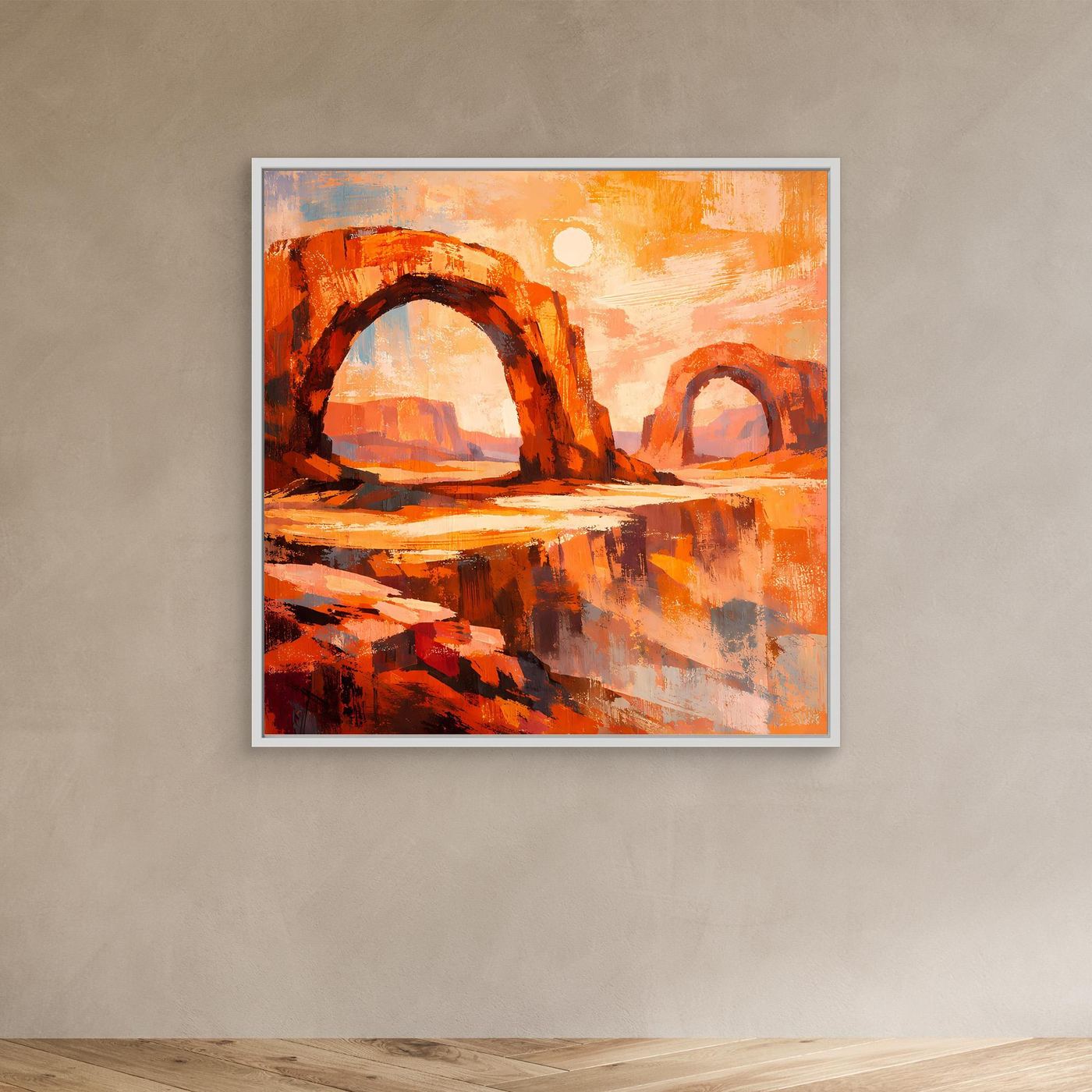 Abstraktes Leinwandbild: Canyonbögen in Orange mit Sonne, Wüstenlandschaft, ohne Rahmen