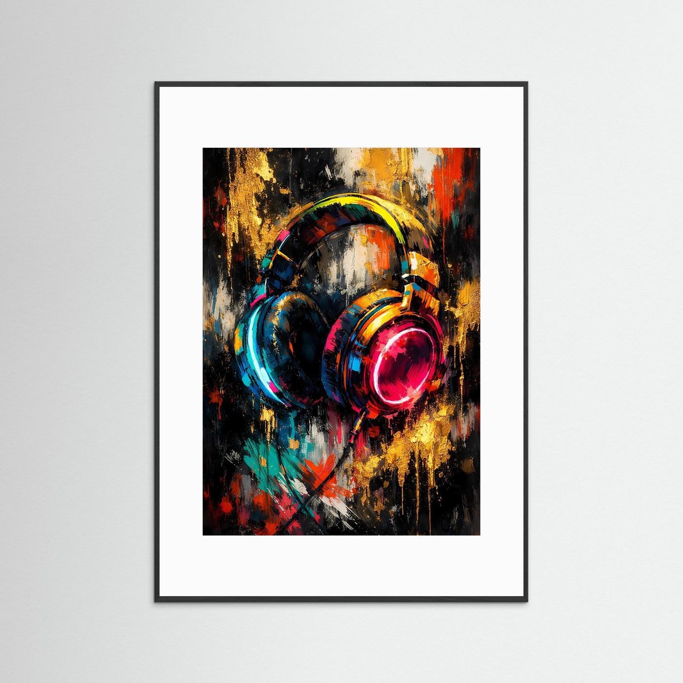 Musik-Poster mit abstrakten Kopfhörern in Blau, Rot und Gold im schwarzen Rahmen mit weißem Rand