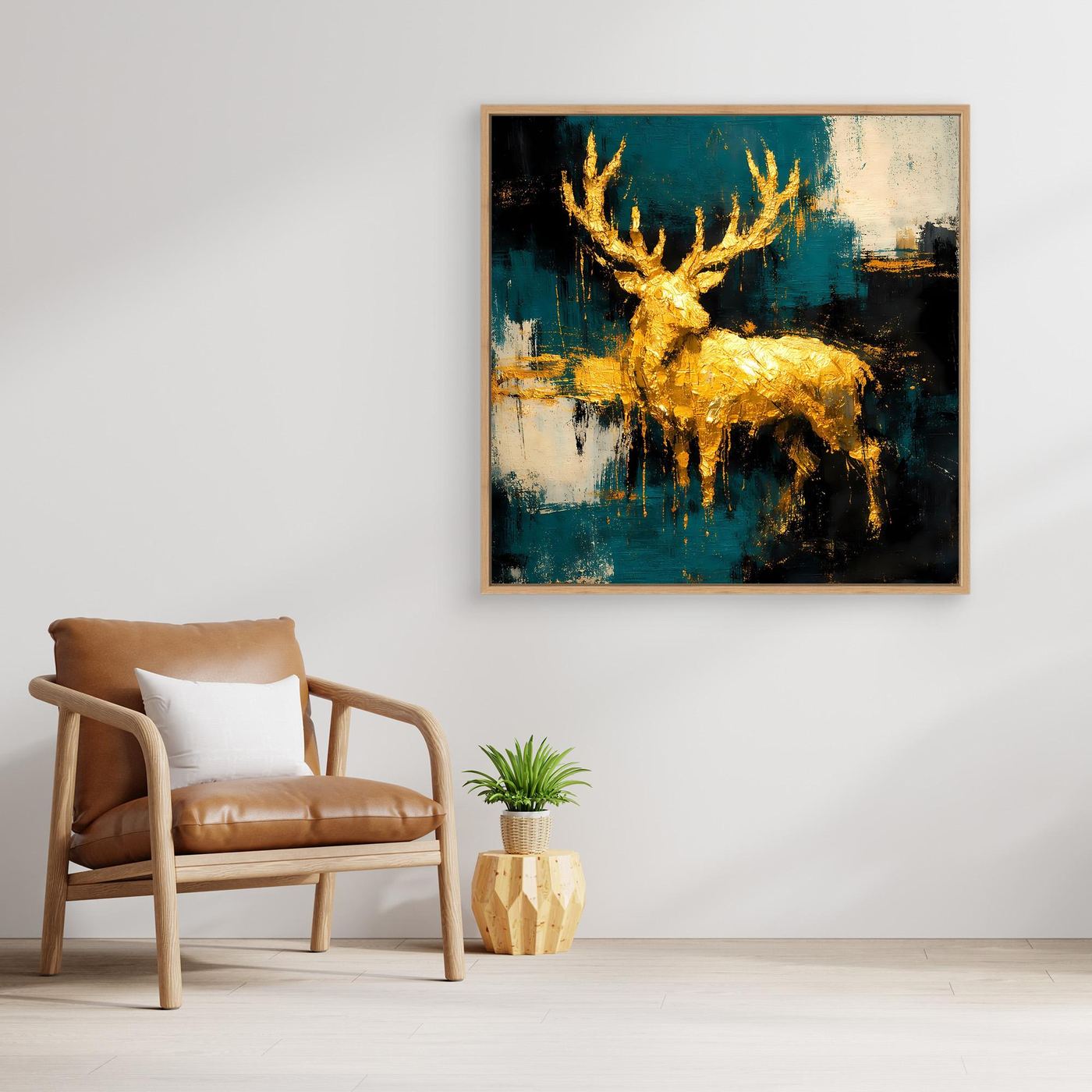 Leinwand Goldener Hirsch in abstrakter Landschaft | Modernes Edel-Tier Wandbild