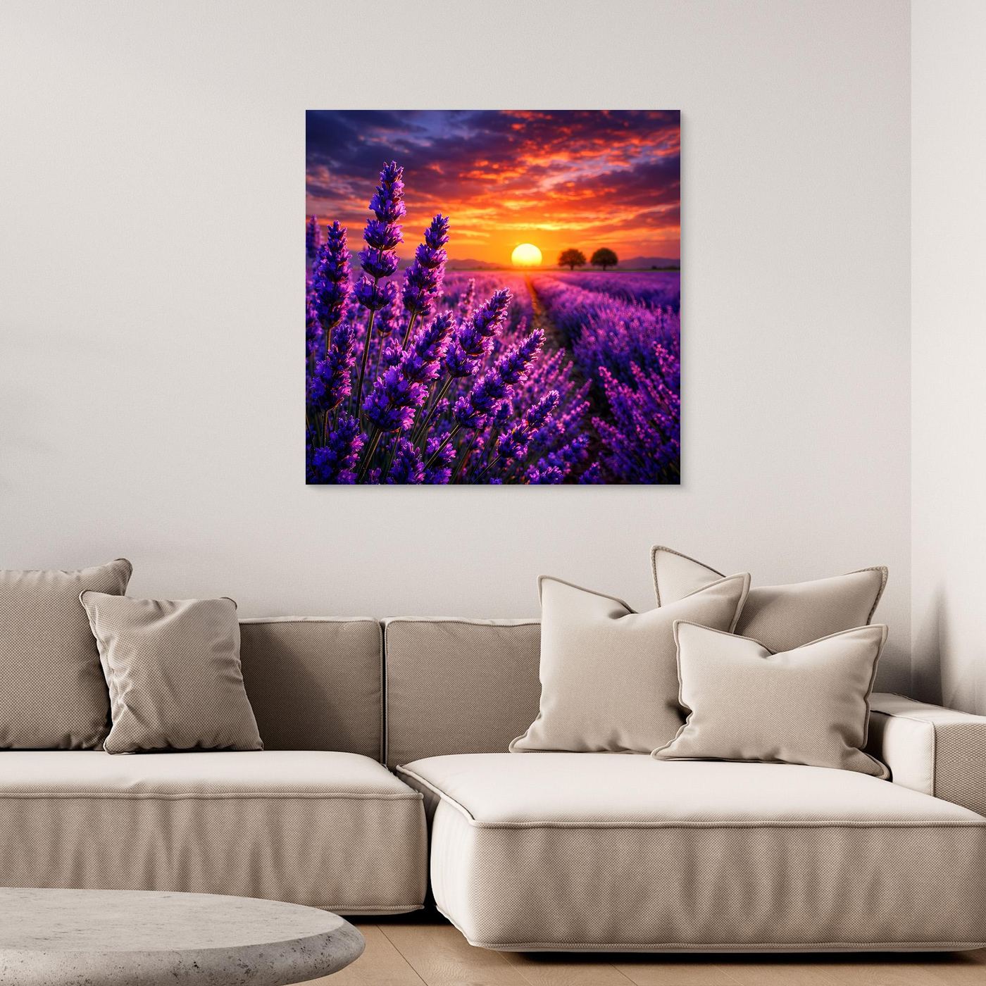 Wandbild mit Lavendelfeld im Sonnenuntergang, rechteckige Leinwand ohne sichtbaren Rahmen.