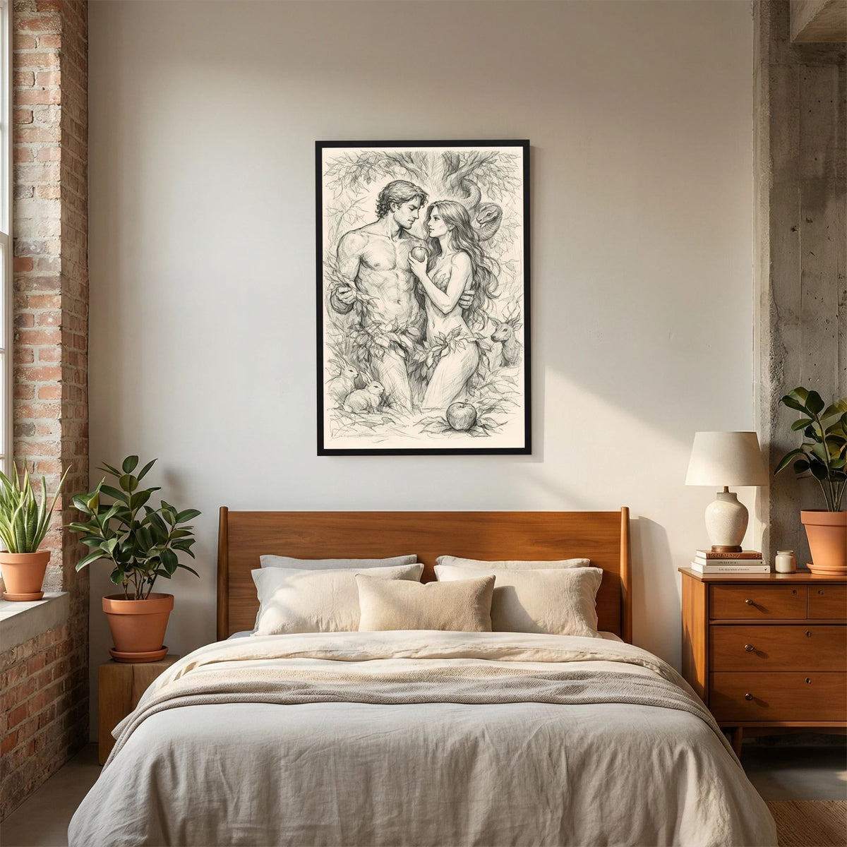 Hochformat-Poster mit Bleistiftzeichnung von Adam und Eva, schwarzer Rahmen.