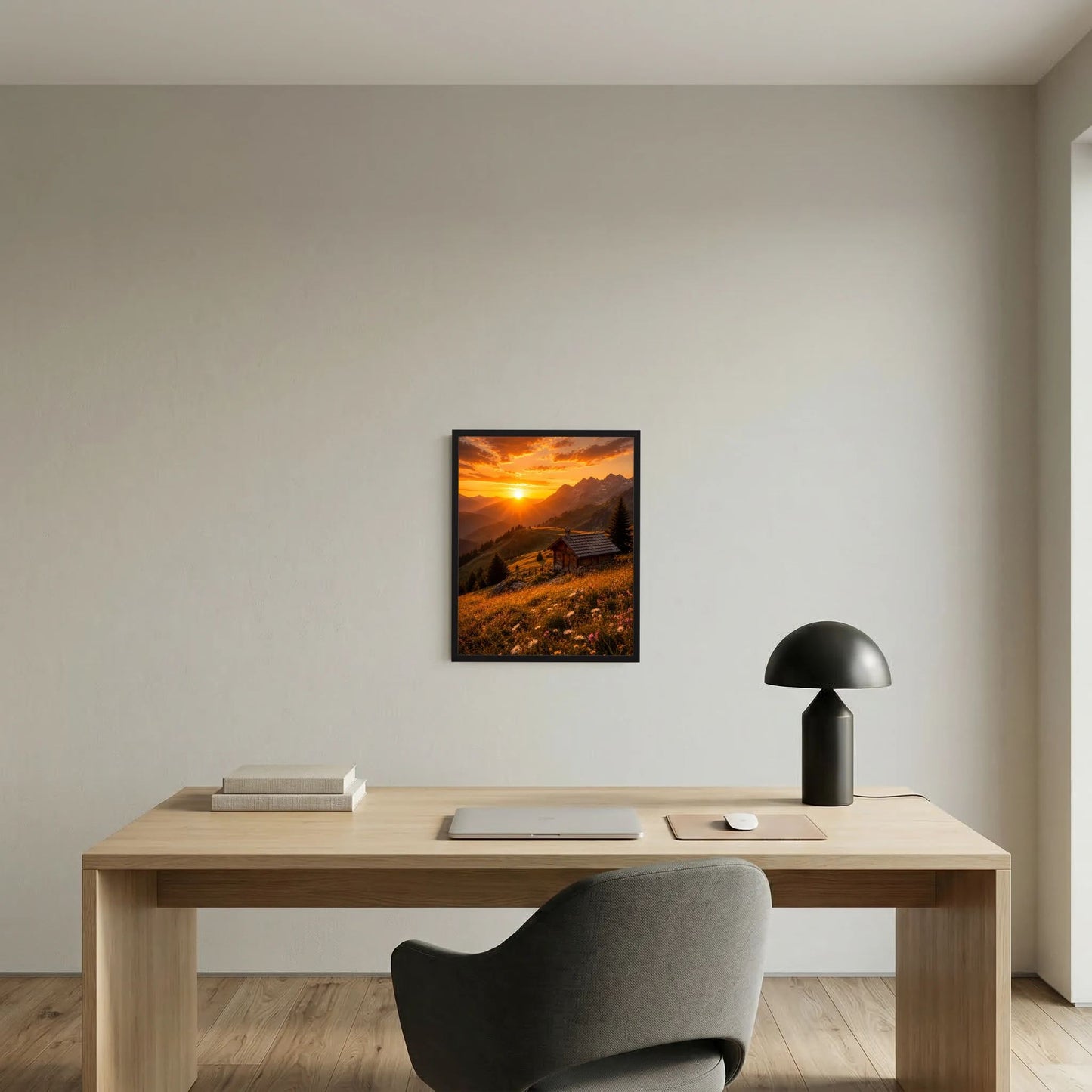 Kleines Hochformat-Wandposter mit Alpenhütte im Sonnenuntergang, schwarz gerahmt
